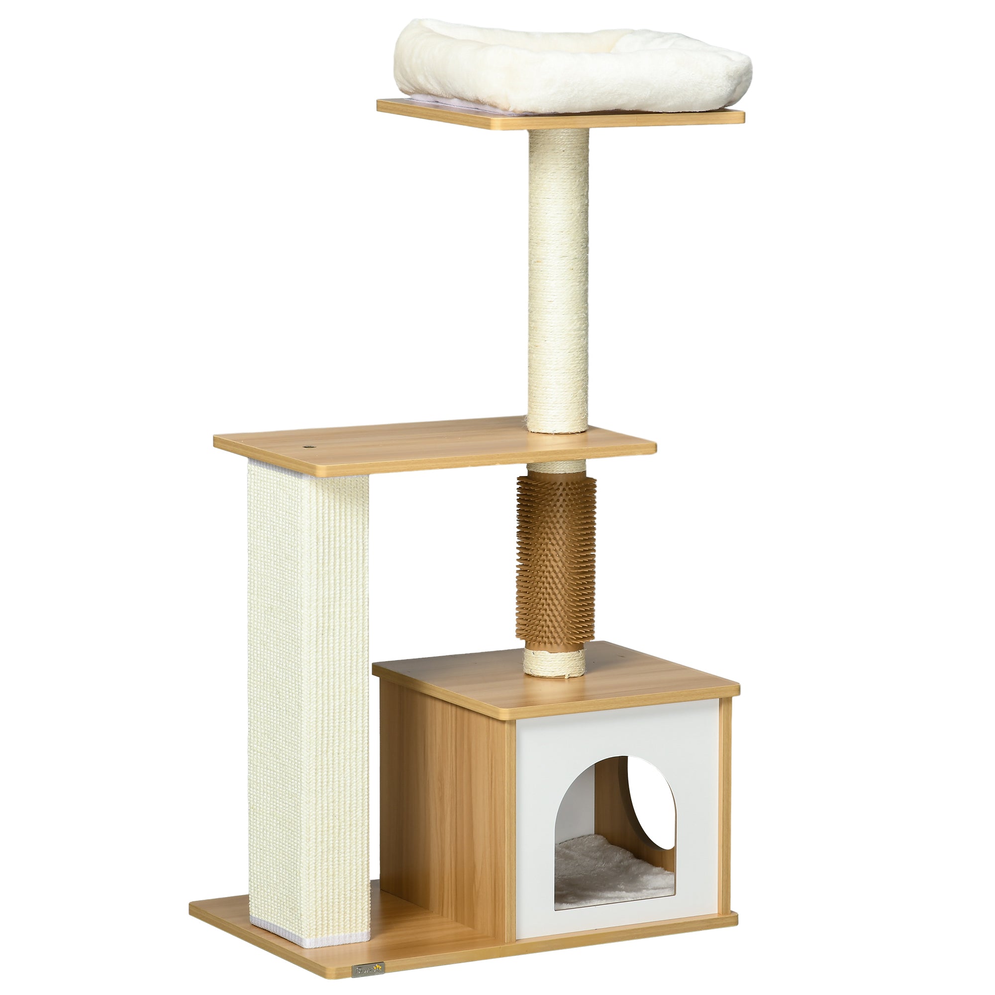 PawHut Cat tree with Scratching Posts, 114cm Cat Climbing Tower with Cat House, Cat Bed, Perches for Indoor Cats - Oak Tone