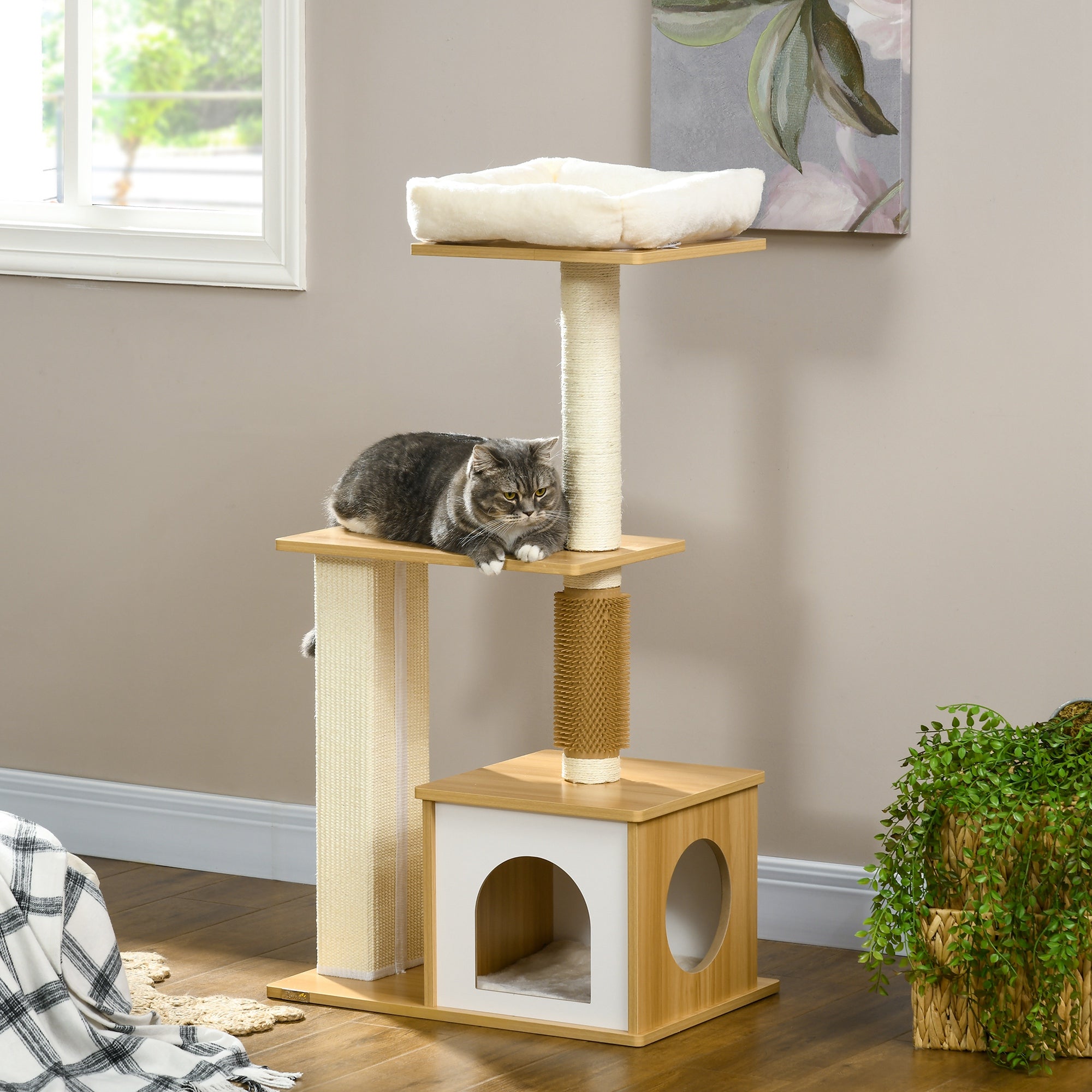 PawHut Cat tree with Scratching Posts, 114cm Cat Climbing Tower with Cat House, Cat Bed, Perches for Indoor Cats - Oak Tone