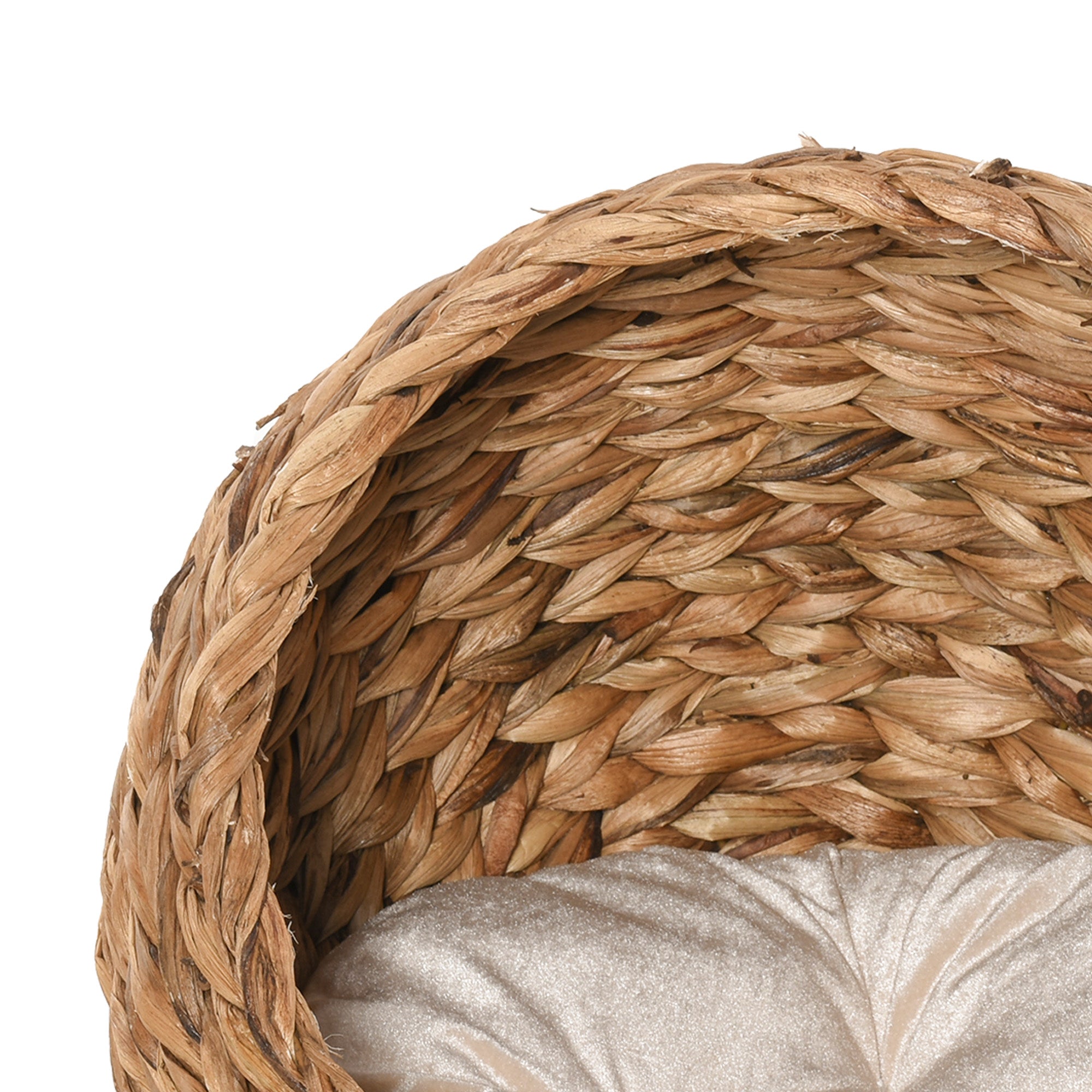PawHut Woven Banana Leaf Elevated Cat Bed Wicker Kitten Basket Pet Den. House Cosy Cave with Soft Cushion Dome 50x42x60cm Brown