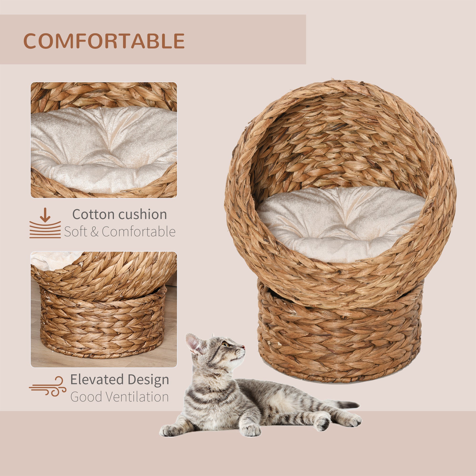 PawHut Woven Banana Leaf Elevated Cat Bed Wicker Kitten Basket Pet Den. House Cosy Cave with Soft Cushion Dome 50x42x60cm Brown
