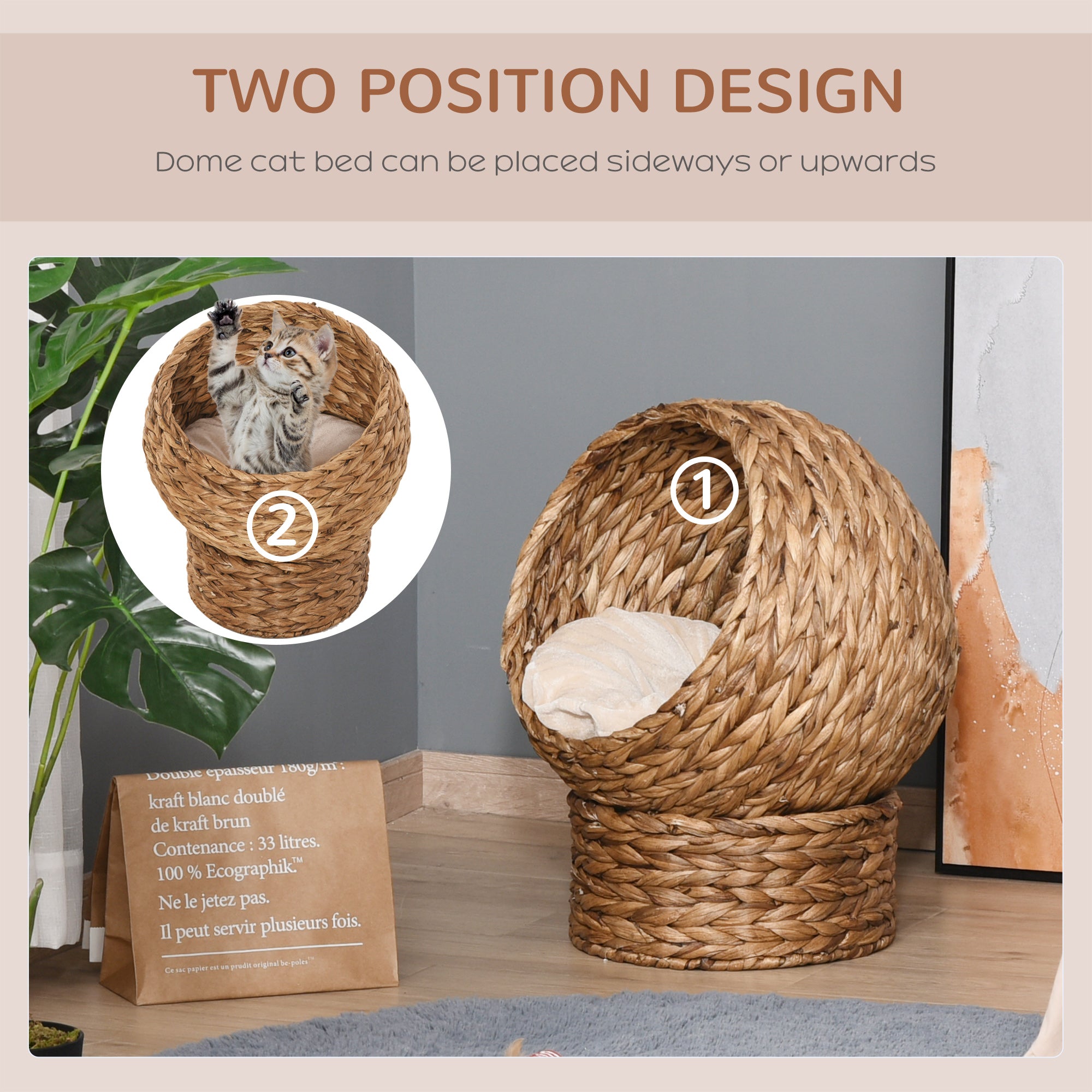 PawHut Woven Banana Leaf Elevated Cat Bed Wicker Kitten Basket Pet Den. House Cosy Cave with Soft Cushion Dome 50x42x60cm Brown