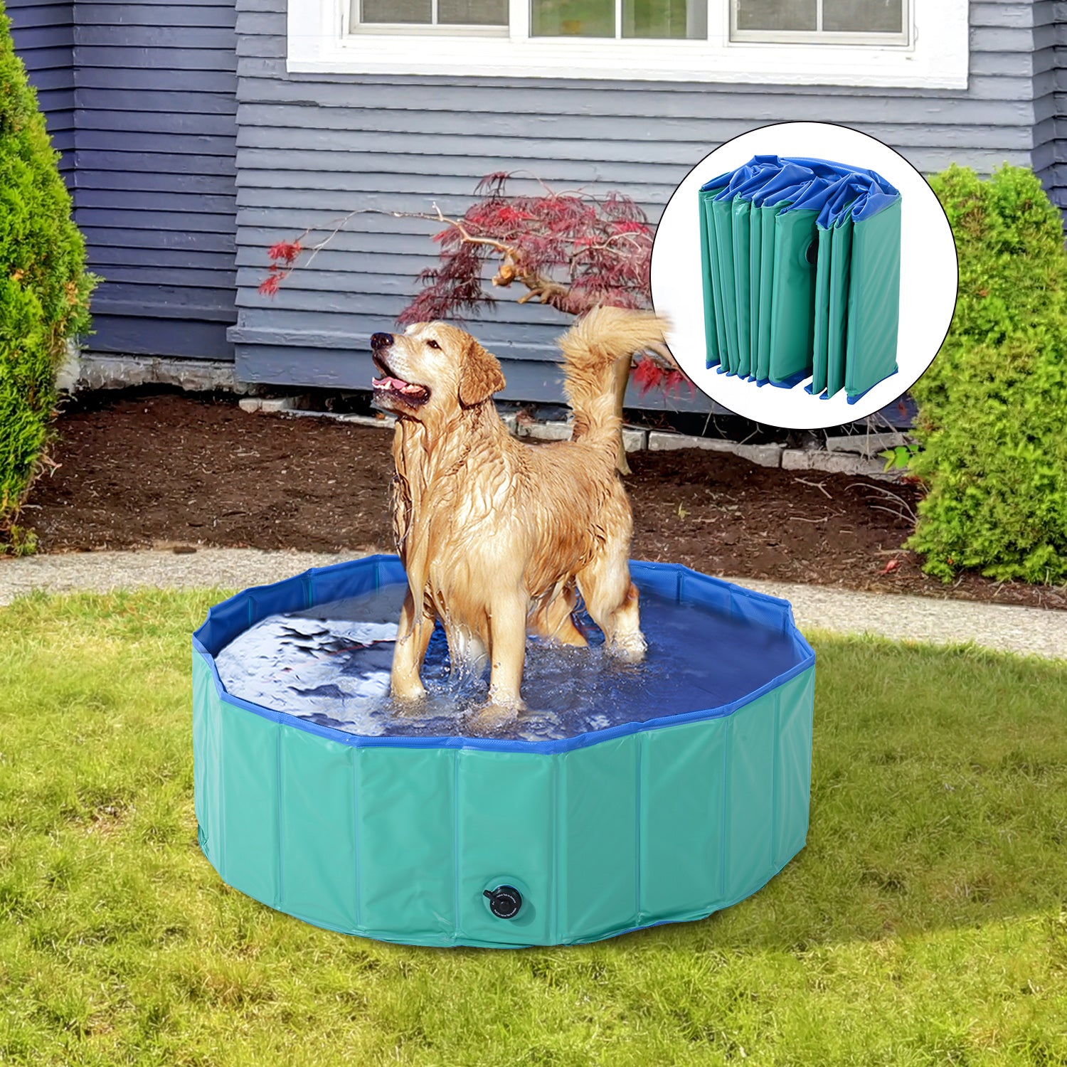 PawHut 12" x 46" Collapsible PVC Pet Foldable Swimming Pool Dog Bathing Tub - Green / Blue