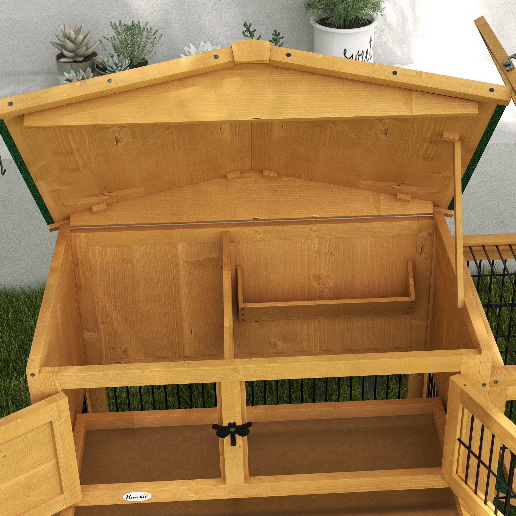 PawHut Solid Wood Rabbit Hutch Bunny Cage Pet Guinea Pig House Outdoor Small Animal Habitat w/ Ramp, Weather-Resistant Asphalt Openable Roof, Pull-out Tray, Yellow