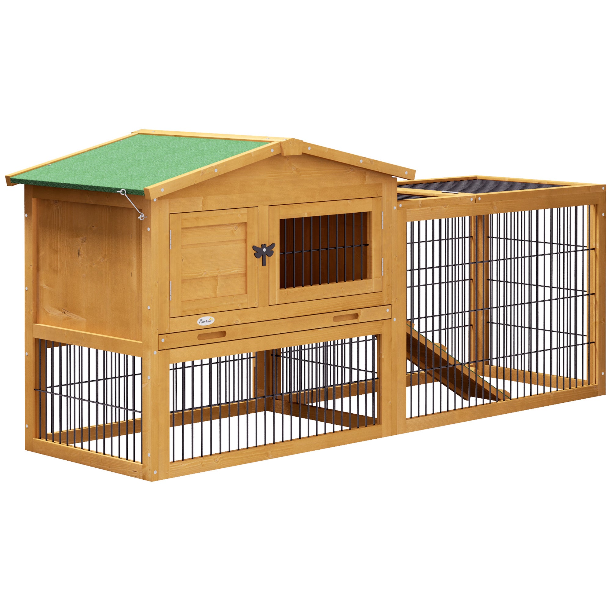 PawHut Solid Wood Rabbit Hutch Bunny Cage Pet Guinea Pig House Outdoor Small Animal Habitat w/ Ramp, Weather-Resistant Asphalt Openable Roof, Pull-out Tray, Yellow