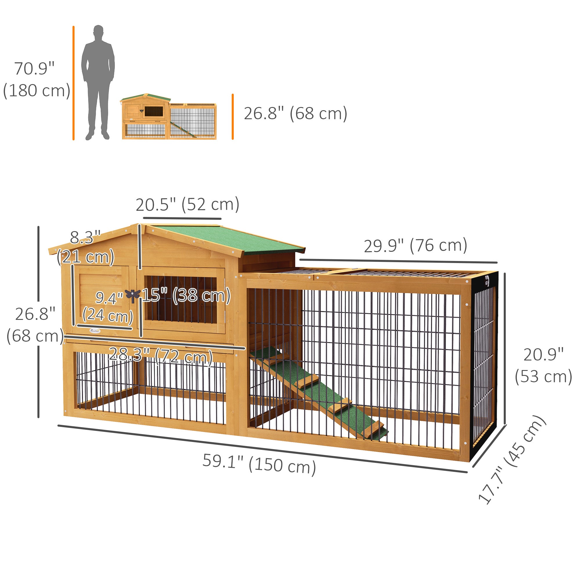 PawHut Solid Wood Rabbit Hutch Bunny Cage Pet Guinea Pig House Outdoor Small Animal Habitat w/ Ramp, Weather-Resistant Asphalt Openable Roof, Pull-out Tray, Yellow