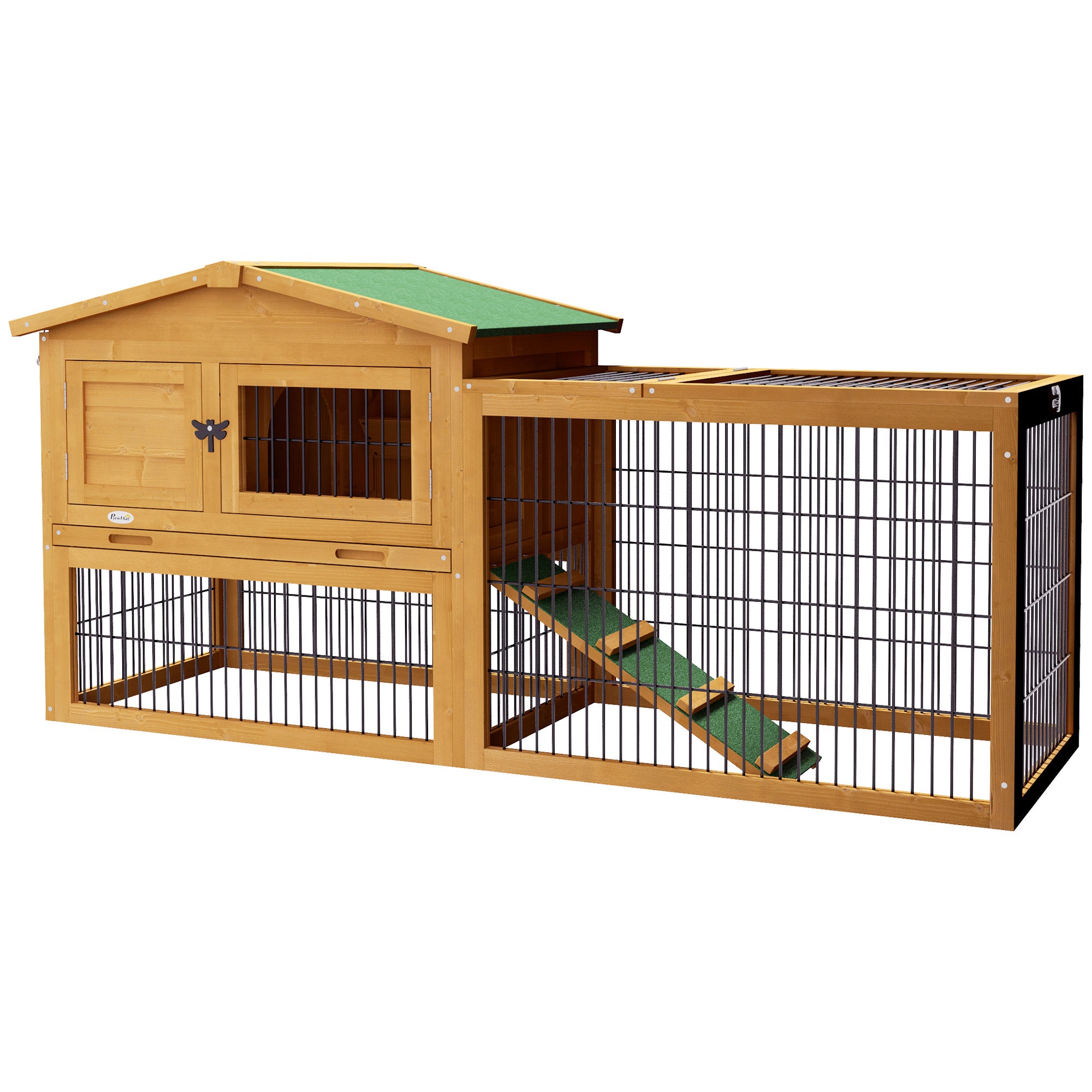 PawHut Solid Wood Rabbit Hutch Bunny Cage Pet Guinea Pig House Outdoor Small Animal Habitat w/ Ramp, Weather-Resistant Asphalt Openable Roof, Pull-out Tray, Yellow