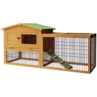 PawHut Solid Wood Rabbit Hutch Bunny Cage Pet Guinea Pig House Outdoor Small Animal Habitat w/ Ramp, Weather-Resistant Asphalt Openable Roof, Pull-out Tray, Yellow