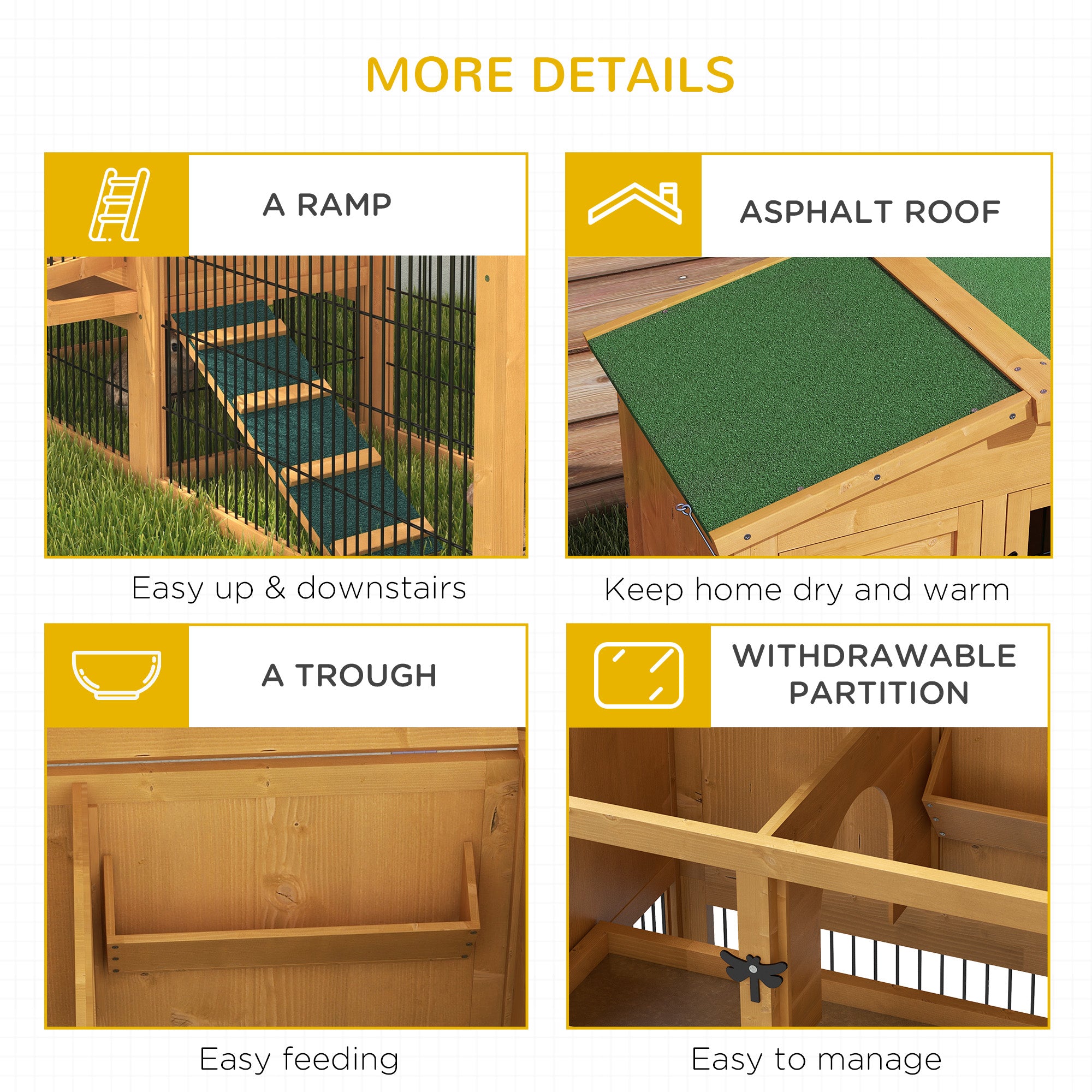 PawHut Rabbit Hutch Outdoor, Wooden Guinea Pig Hutch with Run, Openable Roof, Pull-Out Tray, Ramp for 1-2 Rabbits, 150 x 52.5 x 68 cm, Yellow