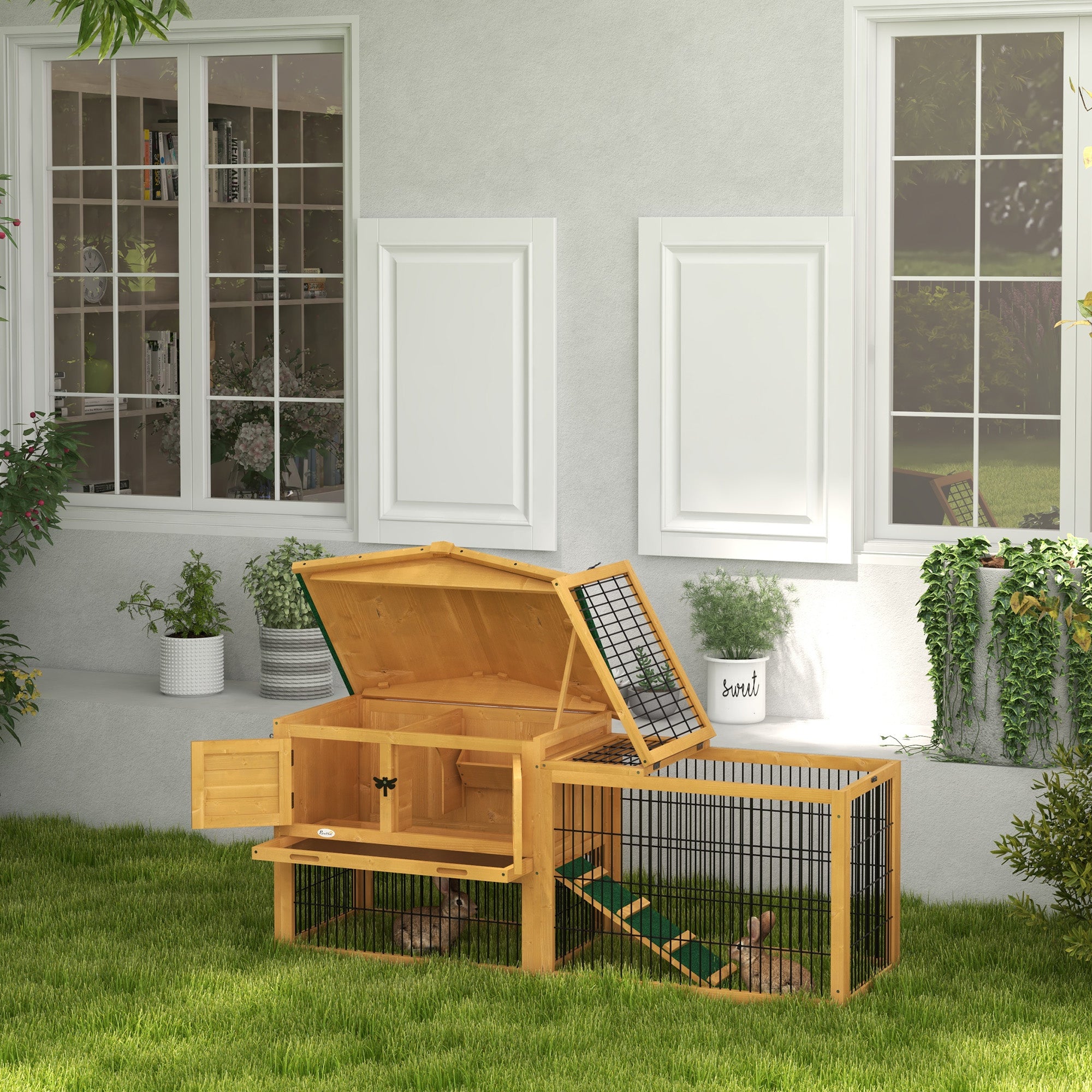 PawHut Rabbit Hutch Outdoor, Wooden Guinea Pig Hutch with Run, Openable Roof, Pull-Out Tray, Ramp for 1-2 Rabbits, 150 x 52.5 x 68 cm, Yellow