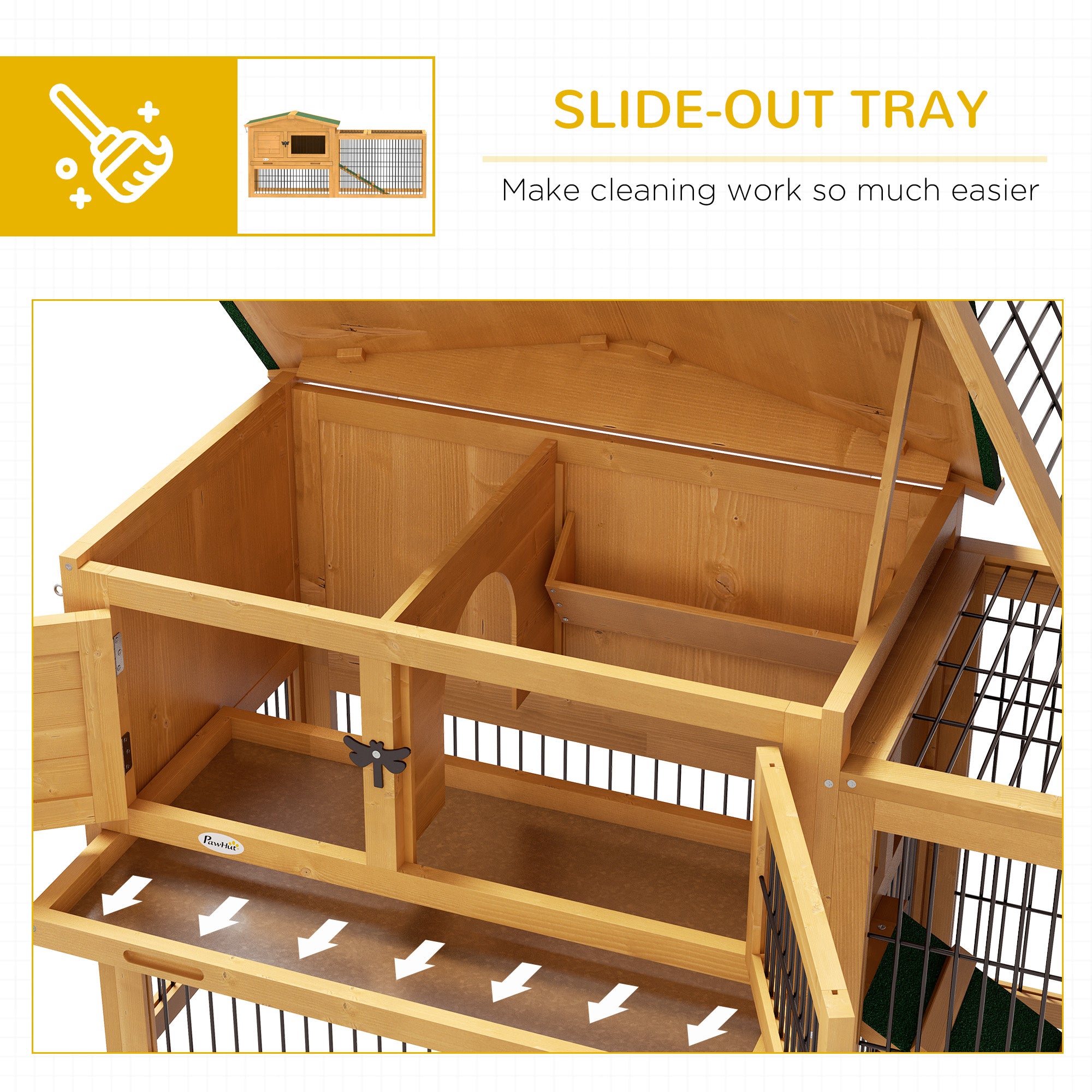 PawHut Solid Wood Rabbit Hutch Bunny Cage Pet Guinea Pig House Outdoor Small Animal Habitat w/ Ramp, Weather-Resistant Asphalt Openable Roof, Pull-out Tray, Yellow