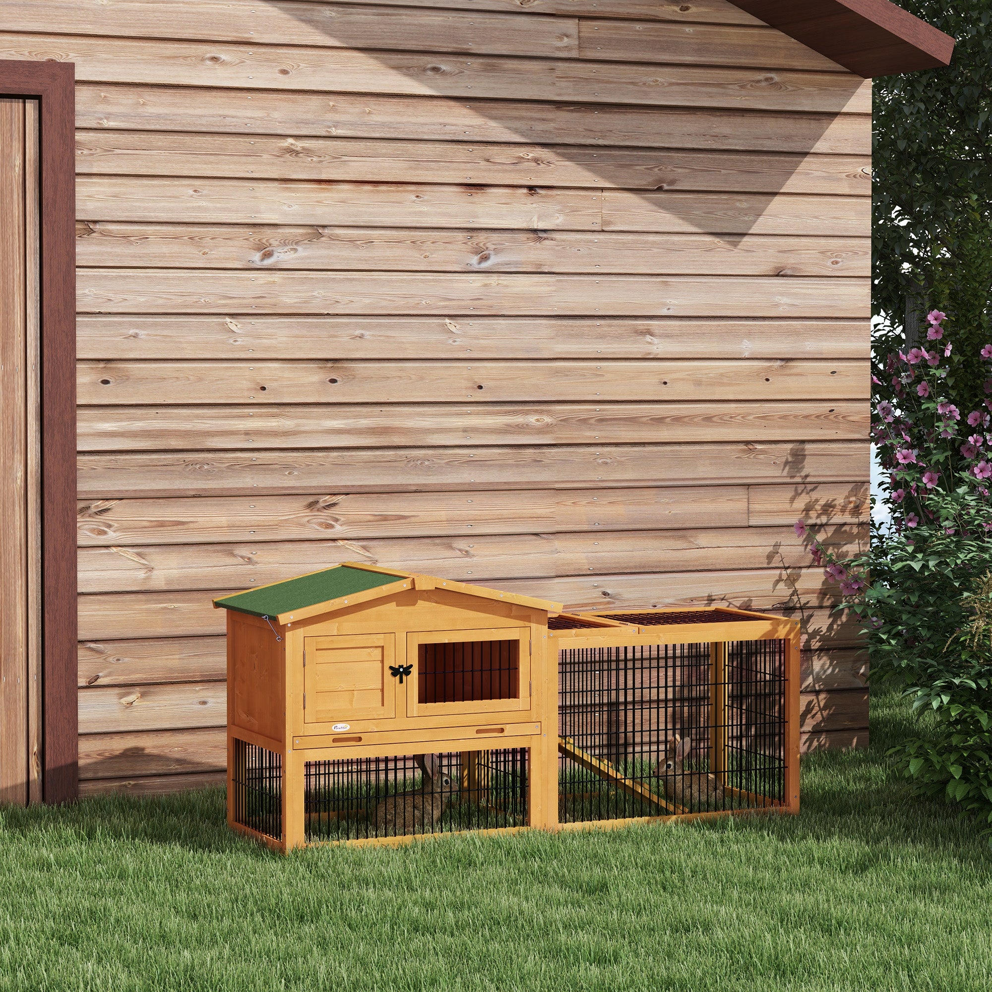 PawHut Solid Wood Rabbit Hutch Bunny Cage Pet Guinea Pig House Outdoor Small Animal Habitat w/ Ramp, Weather-Resistant Asphalt Openable Roof, Pull-out Tray, Yellow