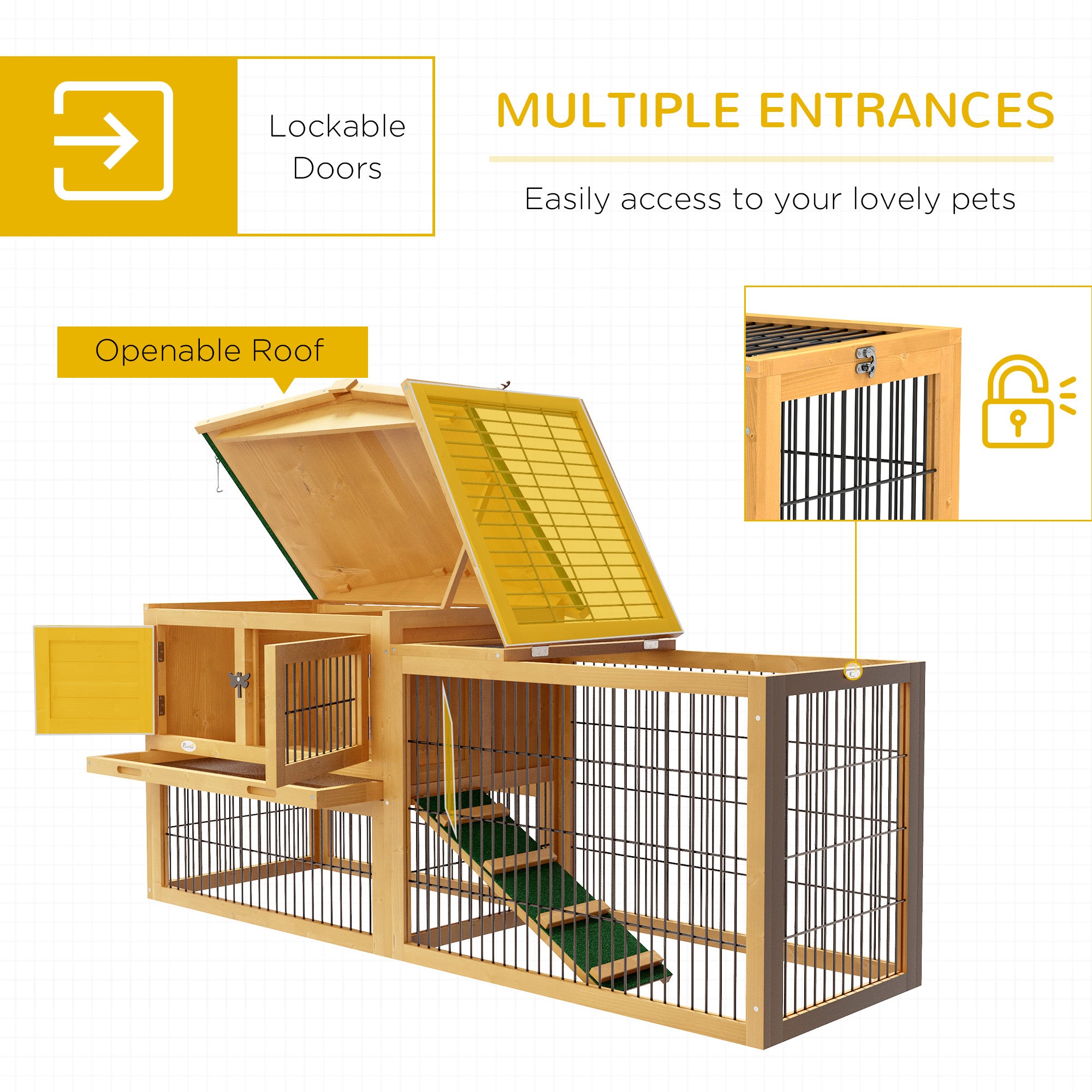 PawHut Solid Wood Rabbit Hutch Bunny Cage Pet Guinea Pig House Outdoor Small Animal Habitat w/ Ramp, Weather-Resistant Asphalt Openable Roof, Pull-out Tray, Yellow