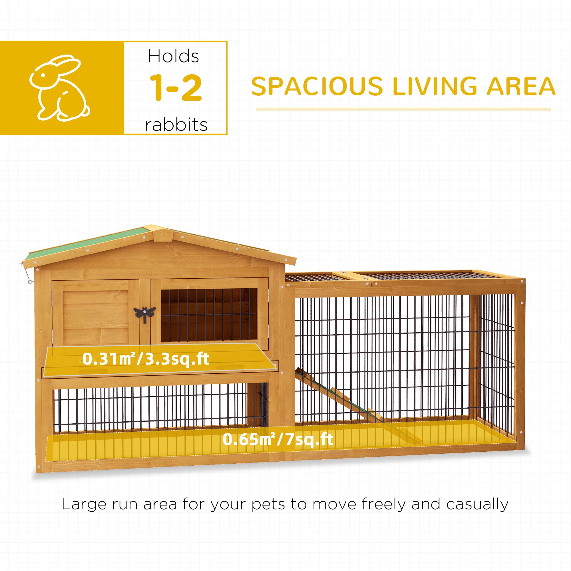 PawHut Solid Wood Rabbit Hutch Bunny Cage Pet Guinea Pig House Outdoor Small Animal Habitat w/ Ramp, Weather-Resistant Asphalt Openable Roof, Pull-out Tray, Yellow