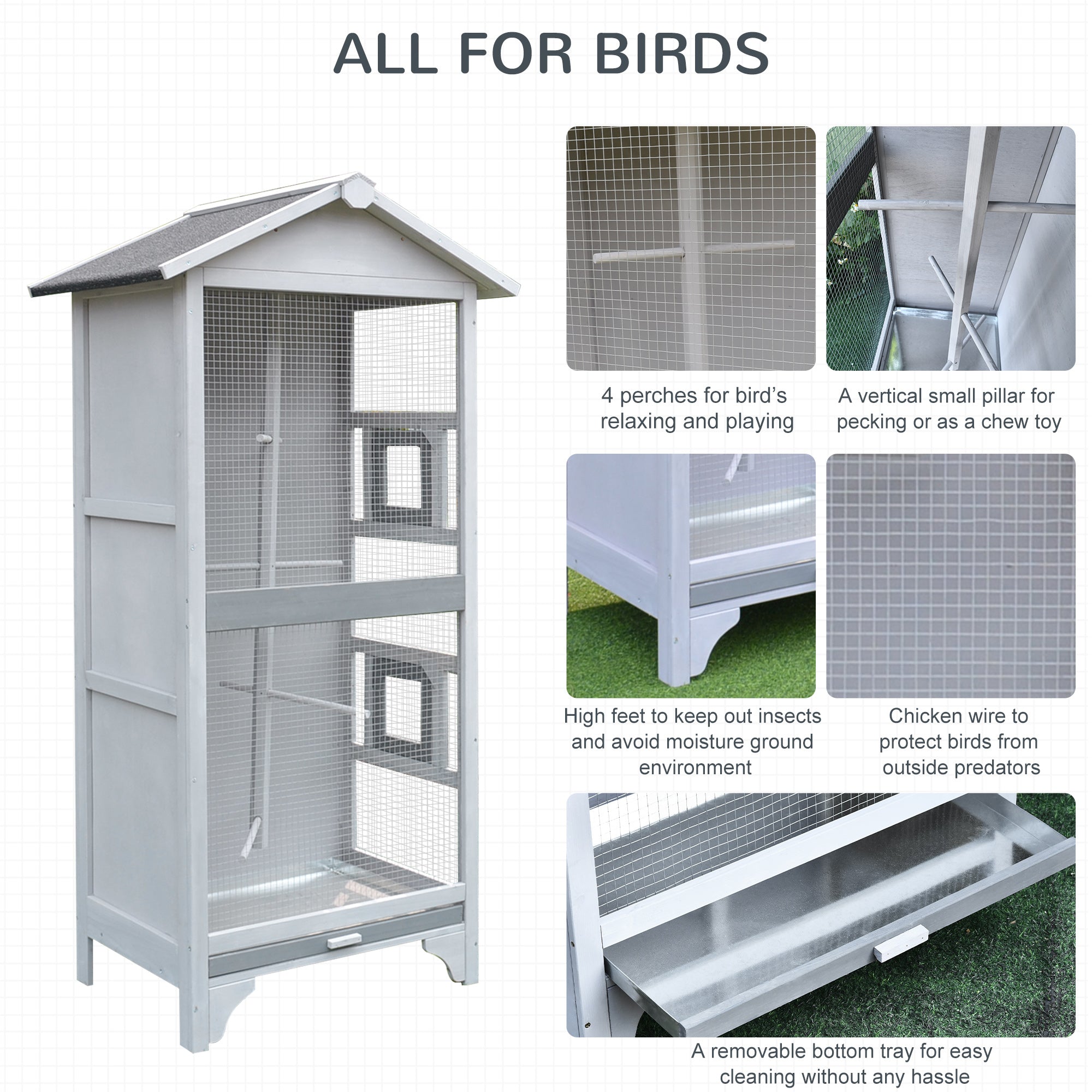 PawHut Wooden Bird Aviary Parrot Cage Pet Furniture Large Outdoor Play House with removable Bottom tray, 2 doors, asphalt roof, 4 perches