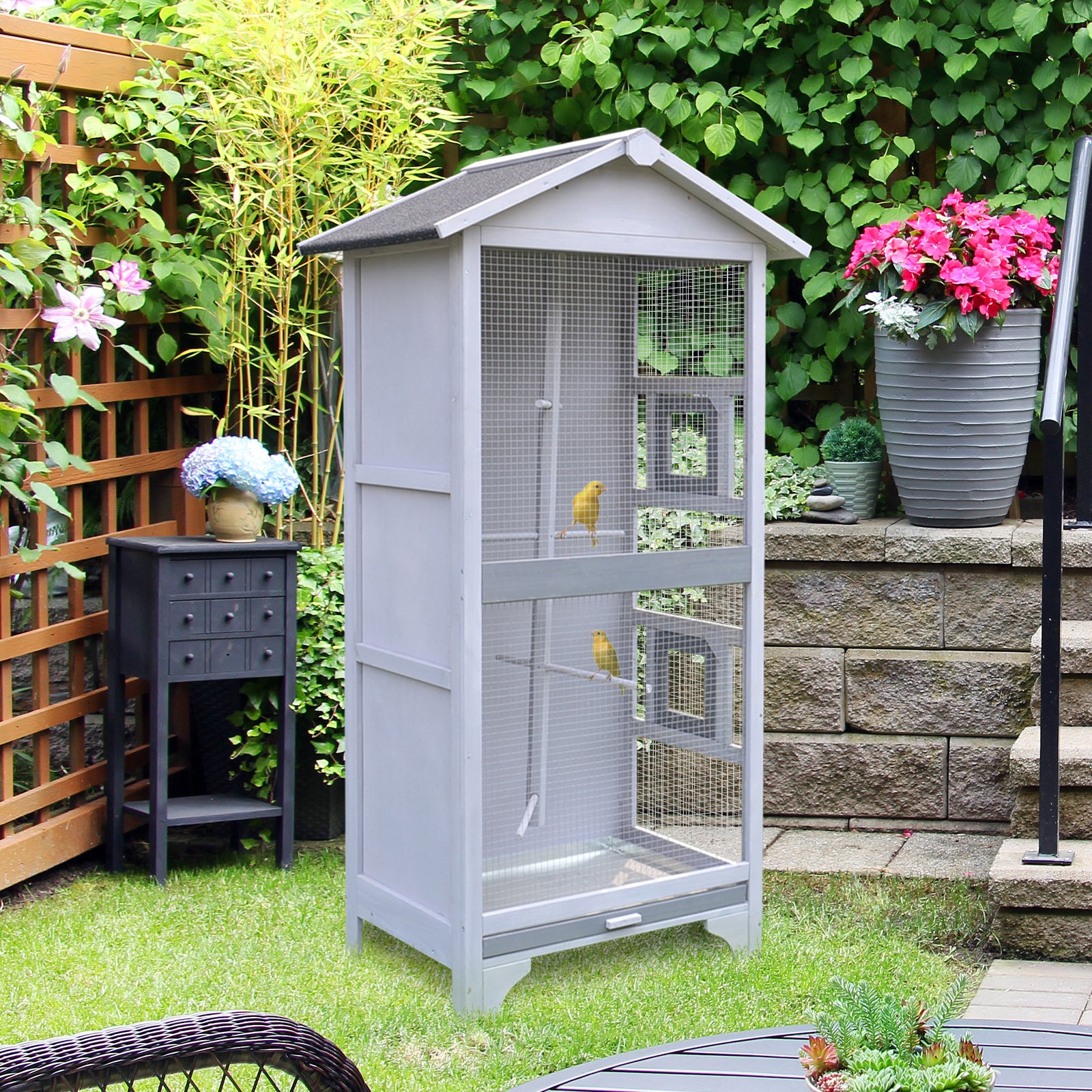 PawHut Wooden Bird Aviary Parrot Cage Pet Furniture Large Outdoor Play House with removable Bottom tray, 2 doors, asphalt roof, 4 perches