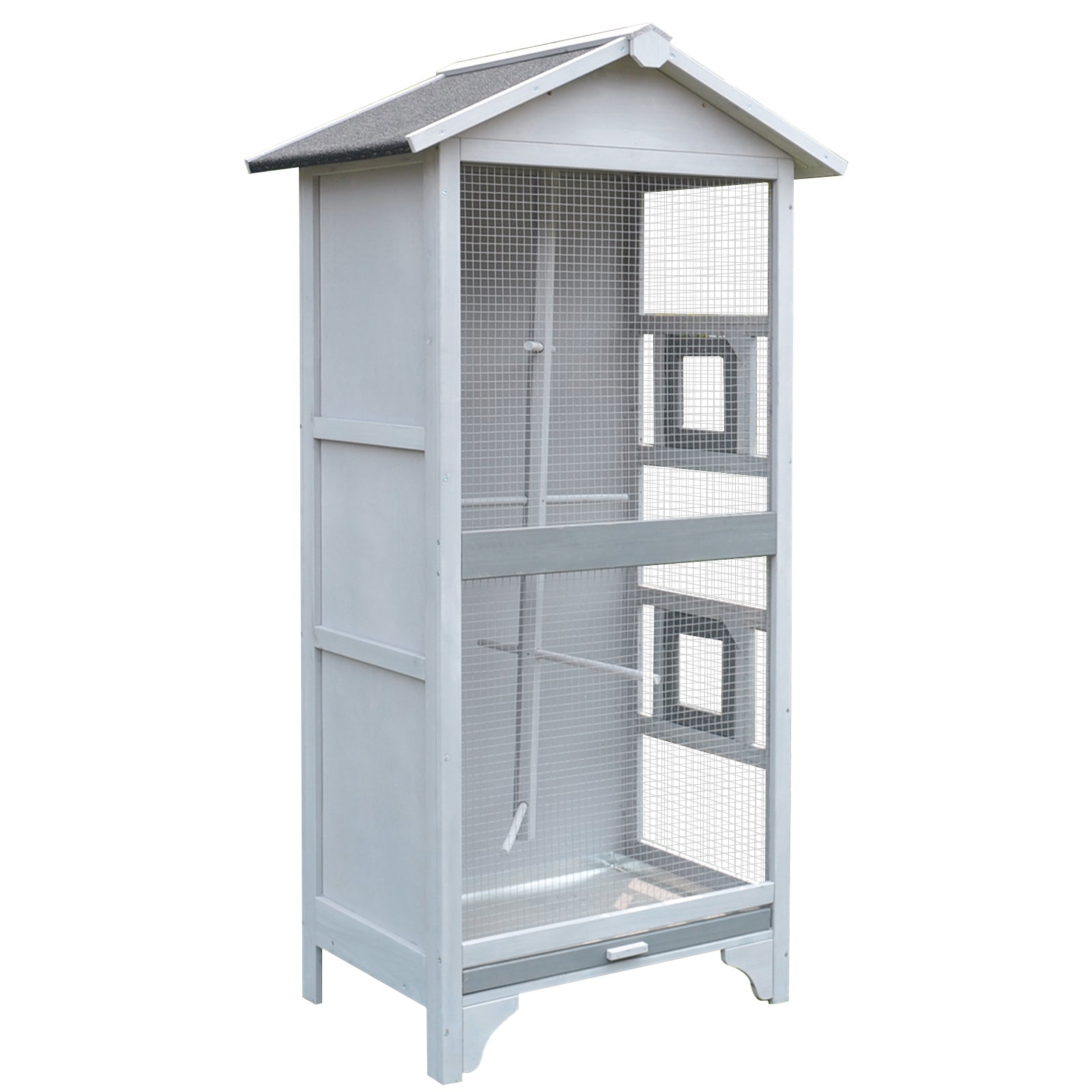 PawHut Wooden Bird Aviary Parrot Cage Pet Furniture Large Outdoor Play House with removable Bottom tray, 2 doors, asphalt roof, 4 perches