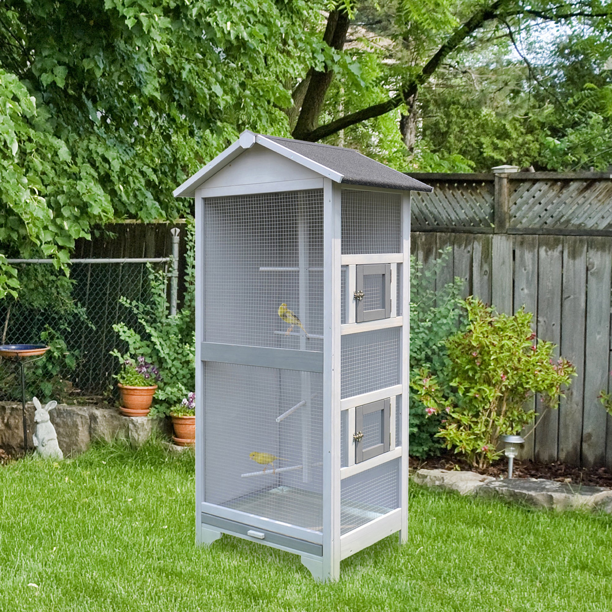 PawHut Wooden Bird Aviary Parrot Cage Pet Furniture Large Outdoor Play House with removable Bottom tray, 2 doors, asphalt roof, 4 perches