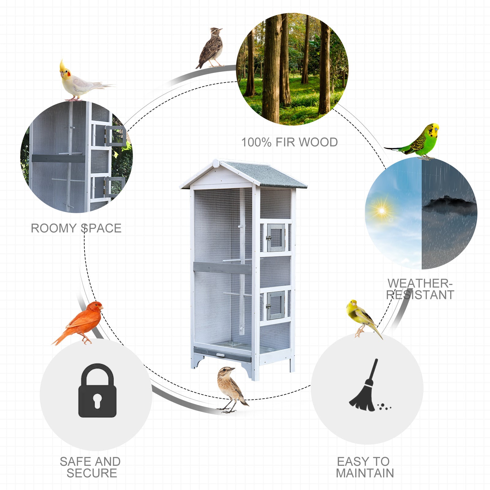 PawHut Wooden Bird Aviary Parrot Cage Pet Furniture Large Outdoor Play House with removable Bottom tray, 2 doors, asphalt roof, 4 perches
