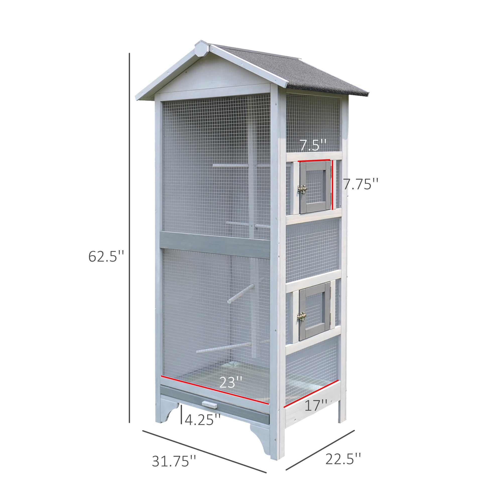 PawHut Wooden Bird Aviary Parrot Cage Pet Furniture Large Outdoor Play House with removable Bottom tray, 2 doors, asphalt roof, 4 perches