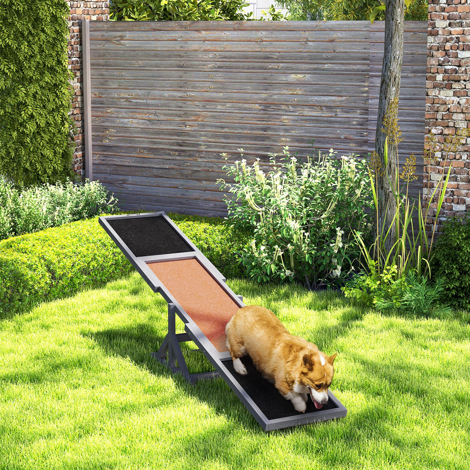 PawHut Wooden Dog Agility Seesaw for Training and Exercise, Platform Equipment Run Game Toy, Weather Resistant Pet Supplies, 83" L x 16" W x 14" H, Gray