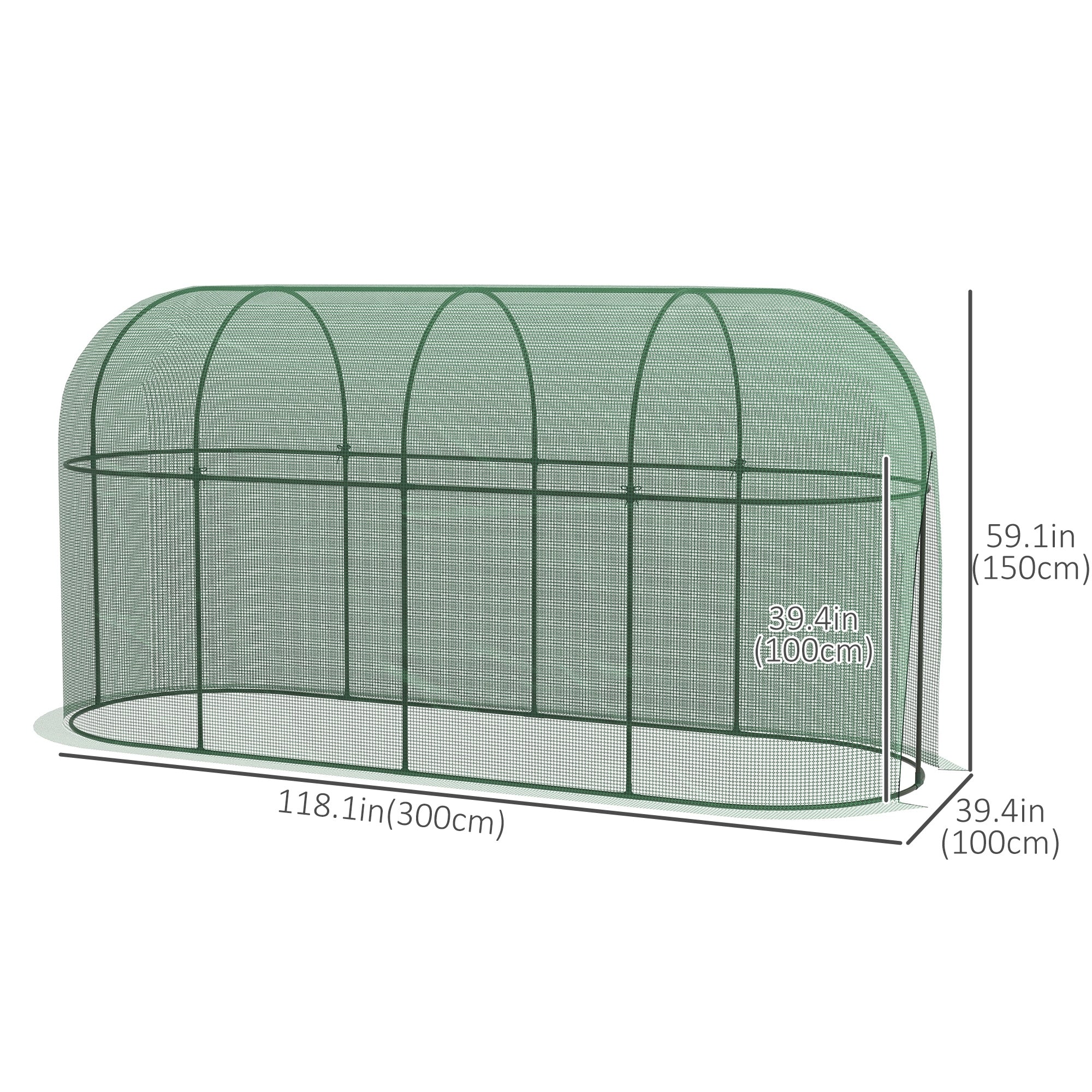 Outsunny 9.8 x 3.3ft Crop Cage, Plant Protector Tent, with Zipped Door and Ground Stakes for Garden, Yard, Lawn, Green
