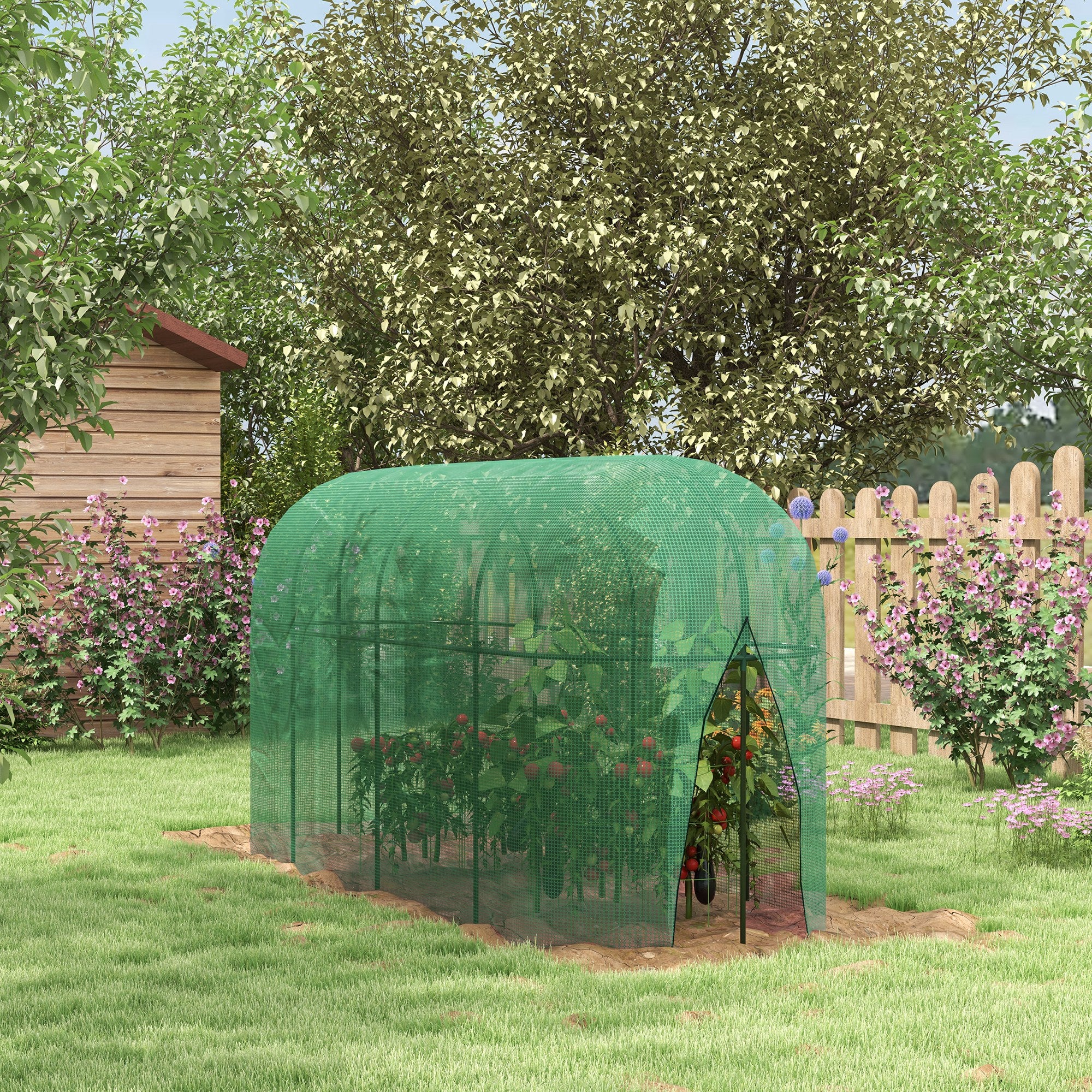 Outsunny 9.8 x 3.3ft Crop Cage, Plant Protector Tent, with Zipped Door and Ground Stakes for Garden, Yard, Lawn, Green