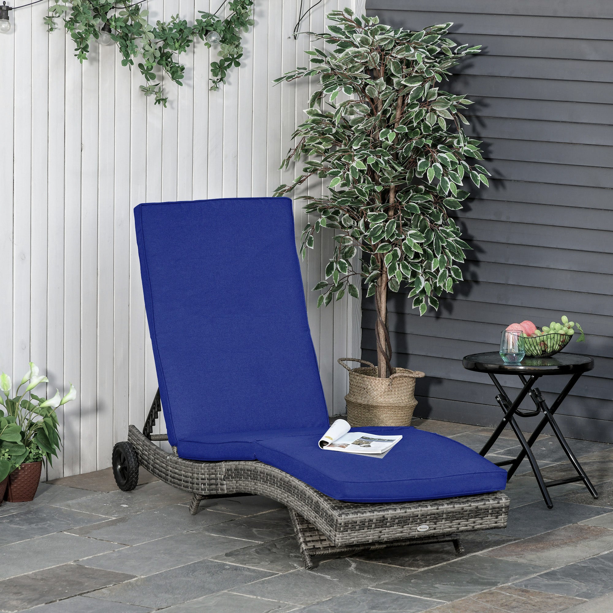 Outsunny Wicker Chaise Lounge, Outdoor Lounge Chair, 5-Level Adjustable Backrest S-Shape Rattan Lounger with Cushion & Wheels for Patio, Deck, Poolside, Dark Blue