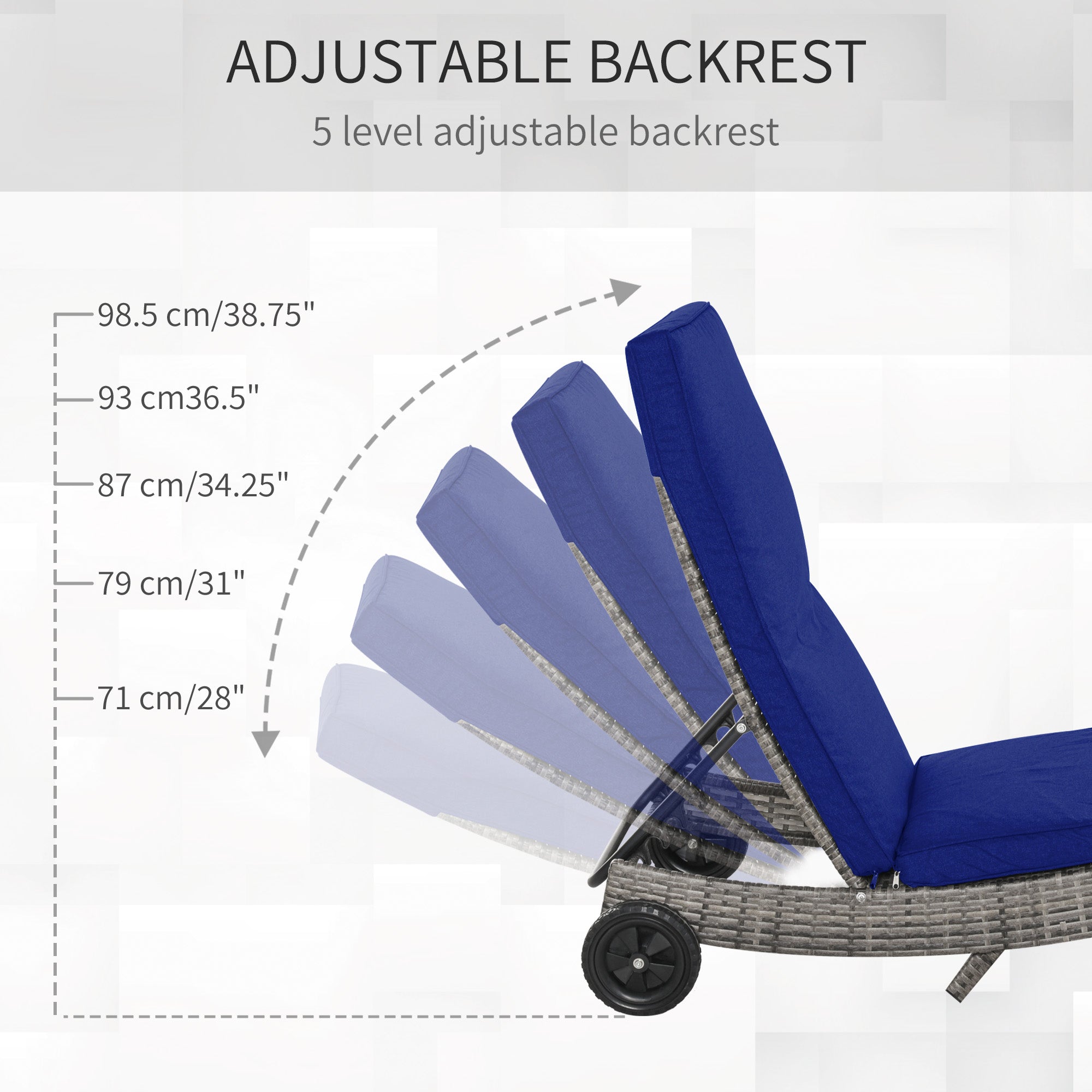 Outsunny Wicker Chaise Lounge, Outdoor Lounge Chair, 5-Level Adjustable Backrest S-Shape Rattan Lounger with Cushion & Wheels for Patio, Deck, Poolside, Dark Blue