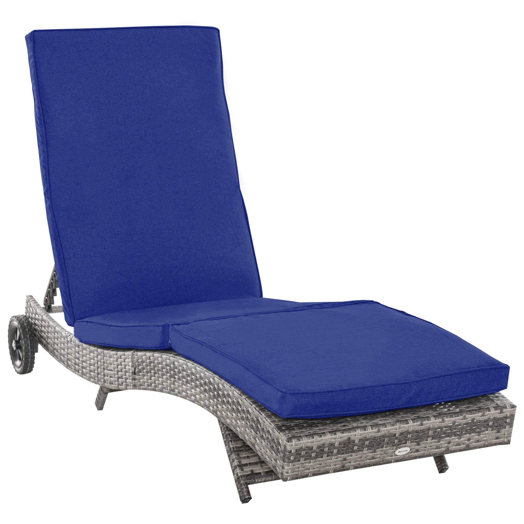 Outsunny Wicker Chaise Lounge, Outdoor Lounge Chair, 5-Level Adjustable Backrest S-Shape Rattan Lounger with Cushion & Wheels for Patio, Deck, Poolside, Dark Blue