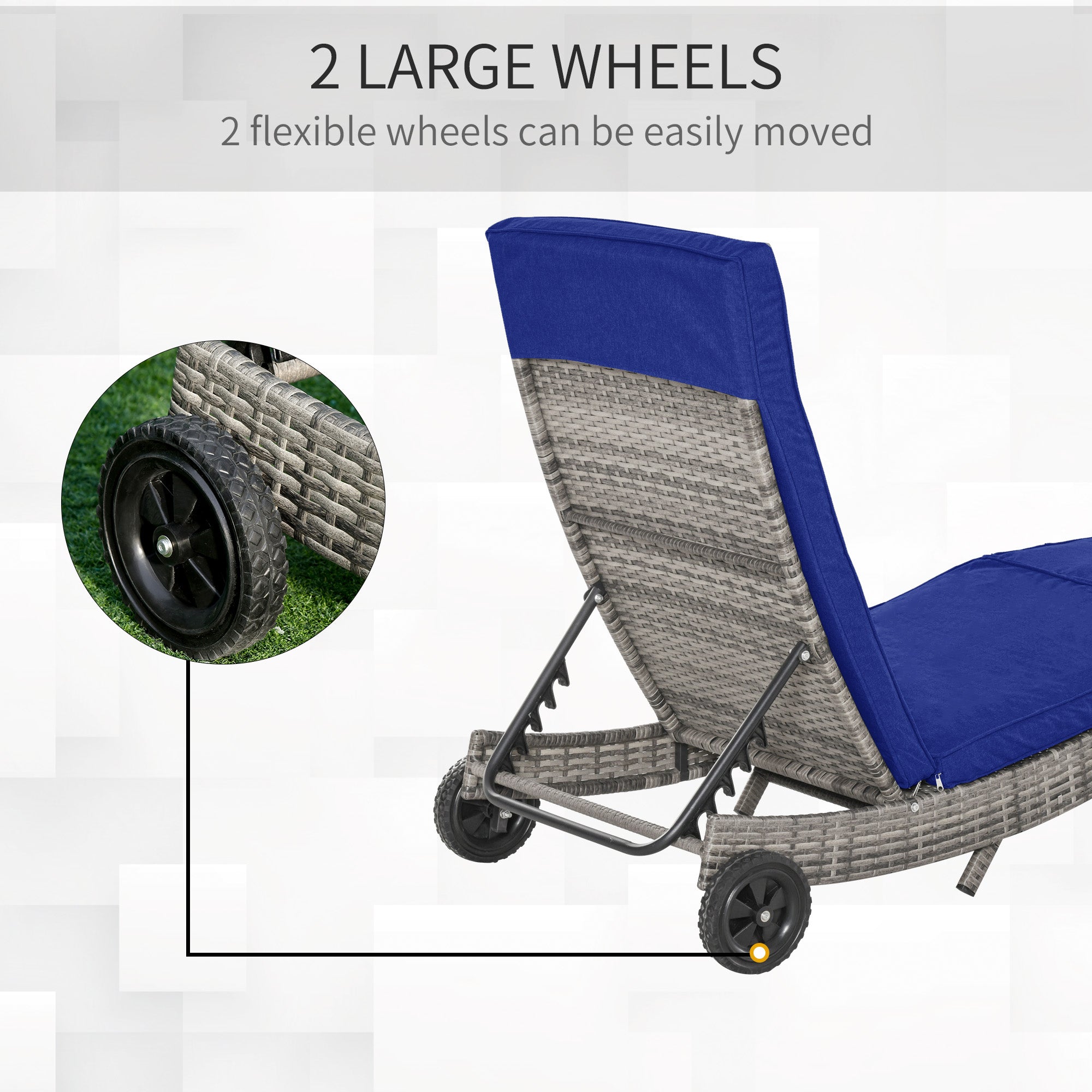Outsunny Wicker Chaise Lounge, Outdoor Lounge Chair, 5-Level Adjustable Backrest S-Shape Rattan Lounger with Cushion & Wheels for Patio, Deck, Poolside, Dark Blue