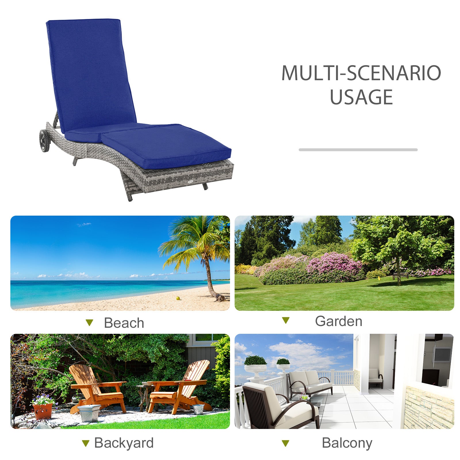 Outsunny Wicker Chaise Lounge, Outdoor Lounge Chair, 5-Level Adjustable Backrest S-Shape Rattan Lounger with Cushion & Wheels for Patio, Deck, Poolside, Dark Blue