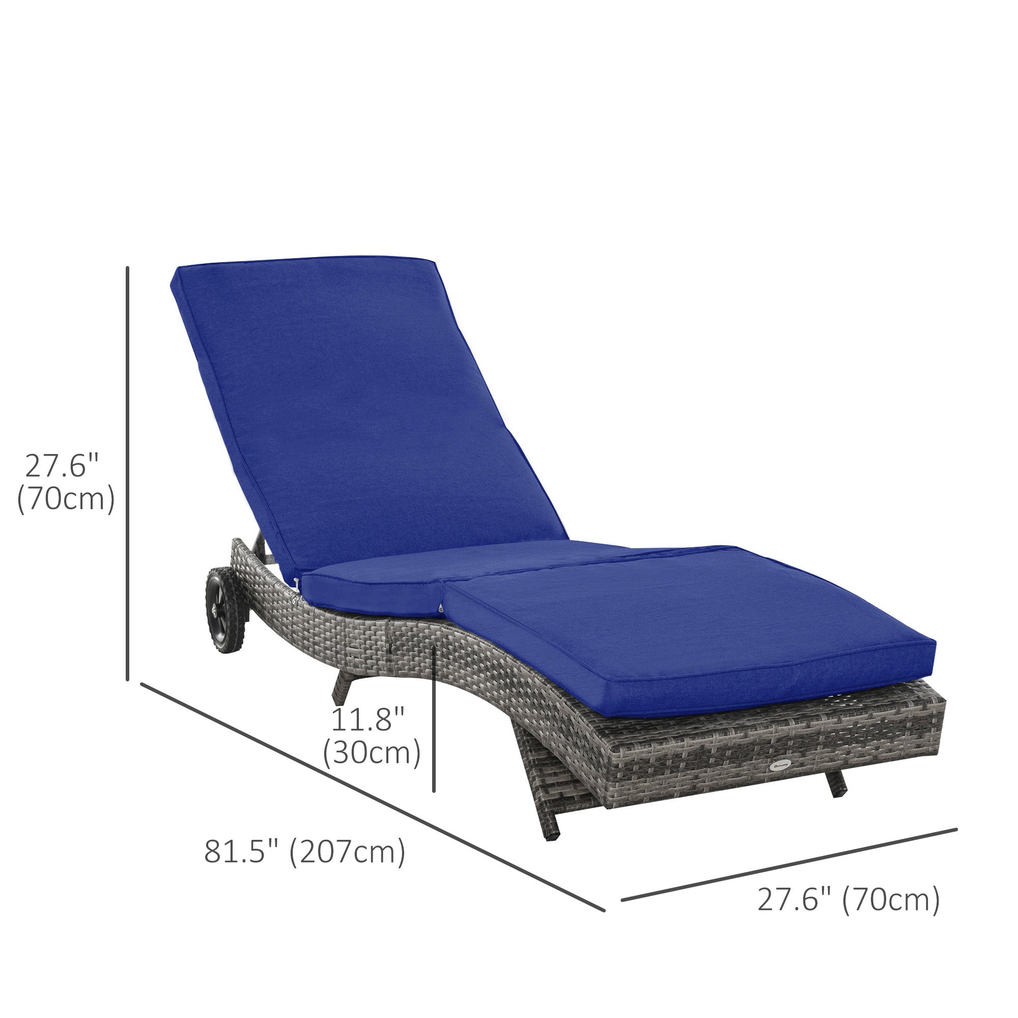 Outsunny Wicker Chaise Lounge, Outdoor Lounge Chair, 5-Level Adjustable Backrest S-Shape Rattan Lounger with Cushion & Wheels for Patio, Deck, Poolside, Dark Blue