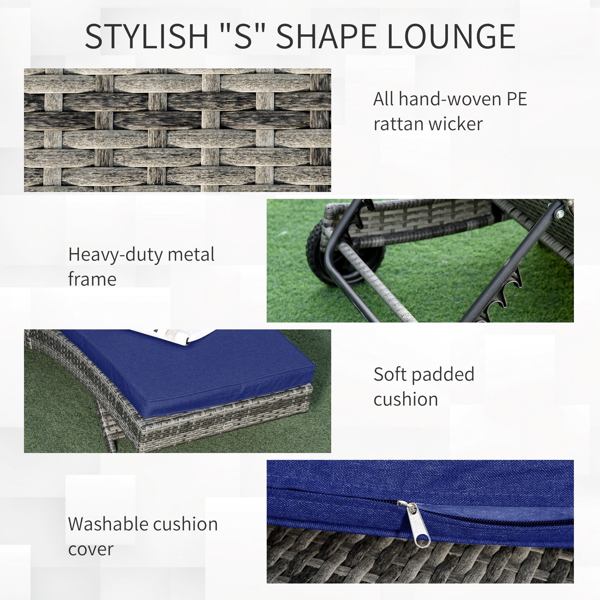 Outsunny Wicker Chaise Lounge, Outdoor Lounge Chair, 5-Level Adjustable Backrest S-Shape Rattan Lounger with Cushion & Wheels for Patio, Deck, Poolside, Dark Blue