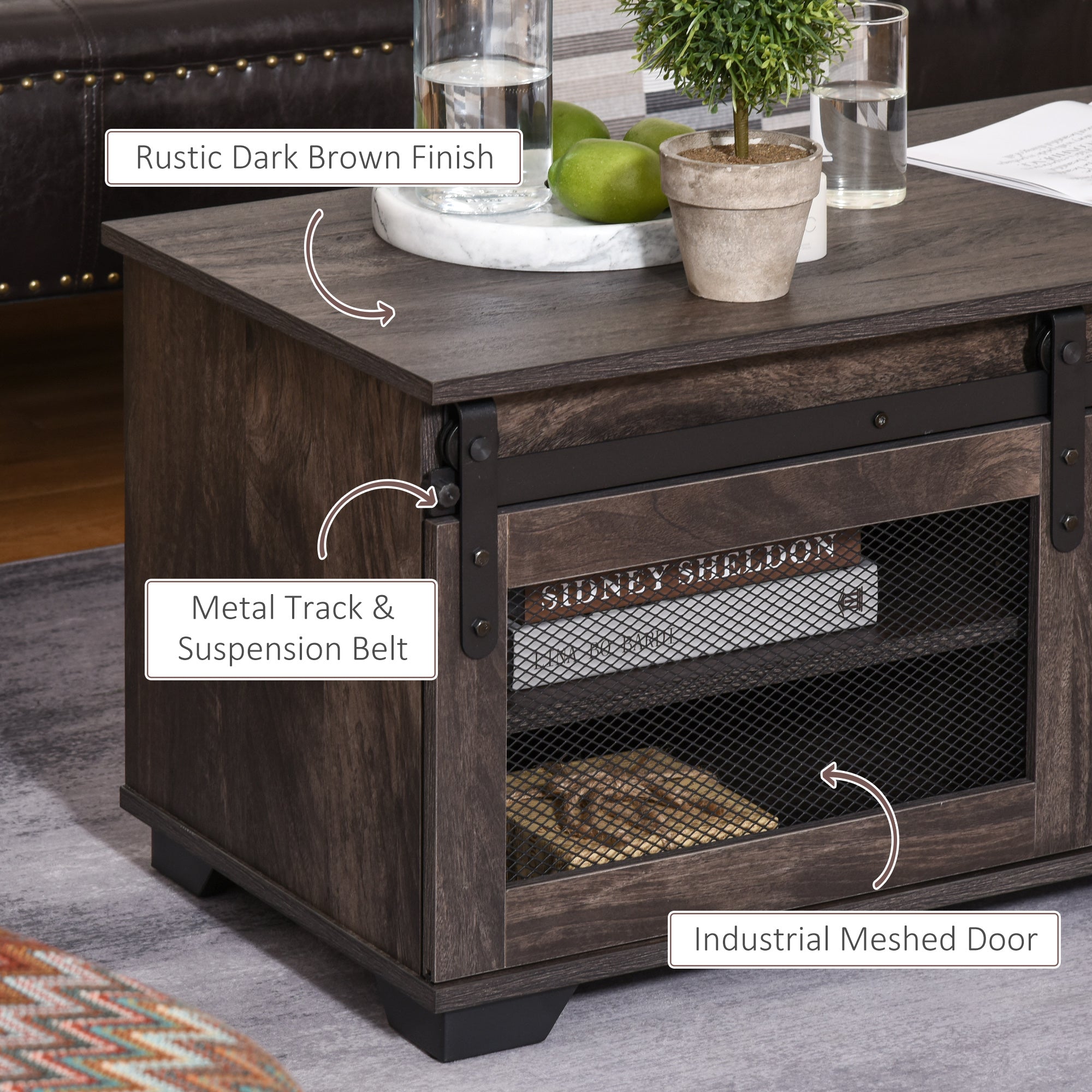 HOMCOM Farmhouse Coffee Table with Storage, Center Table with Mesh Barn Door and Adjustable Shelf, Living Room Table, Dark Brown