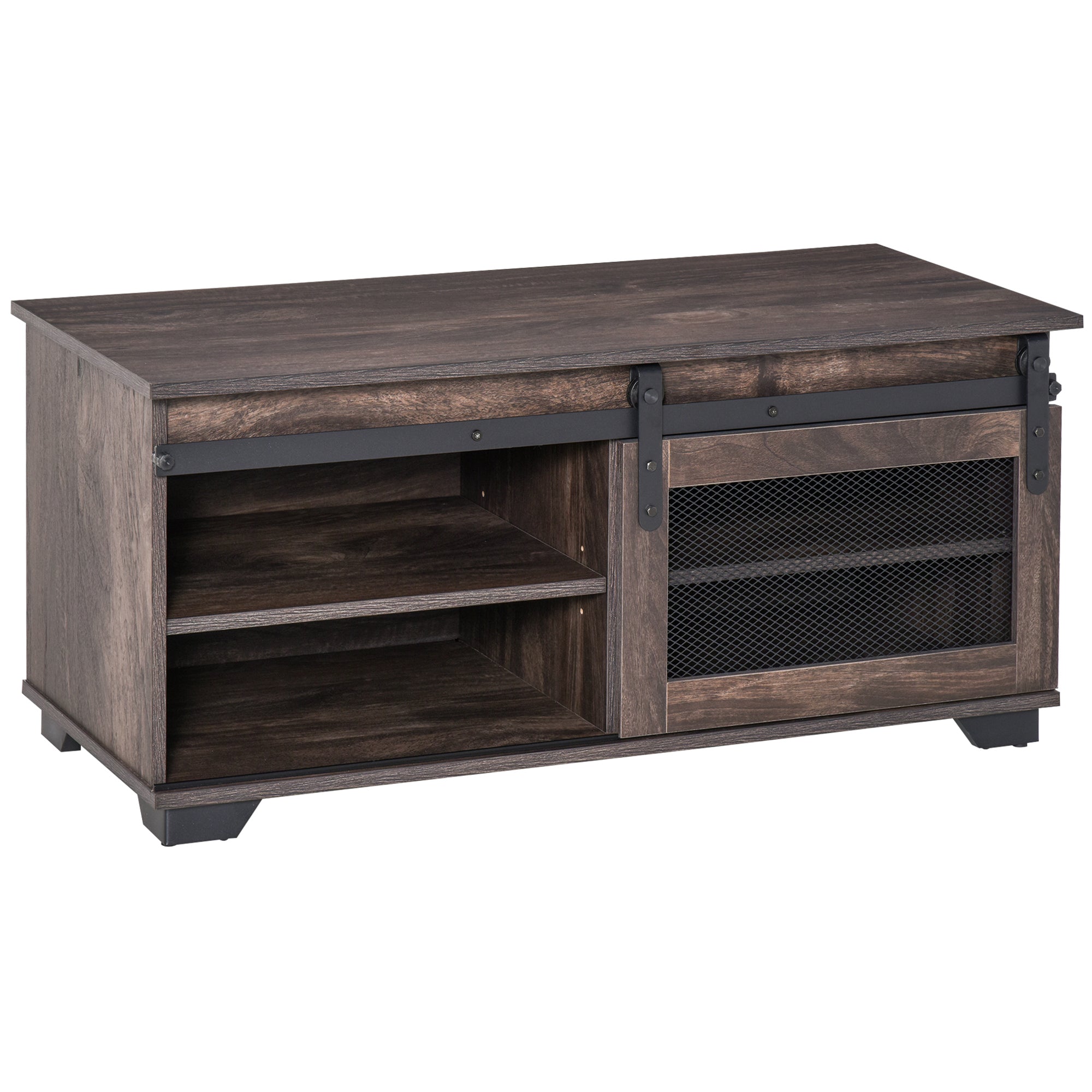 HOMCOM Farmhouse Coffee Table with Storage, Center Table with Mesh Barn Door and Adjustable Shelf, Living Room Table, Dark Brown
