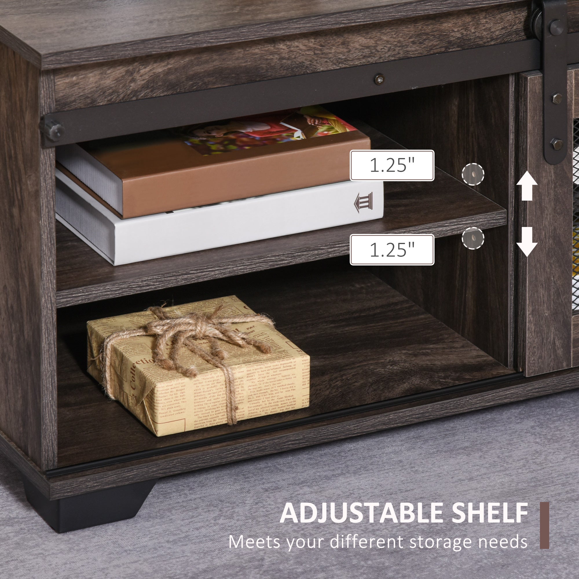 HOMCOM Farmhouse Coffee Table with Storage, Center Table with Mesh Barn Door and Adjustable Shelf, Living Room Table, Dark Brown