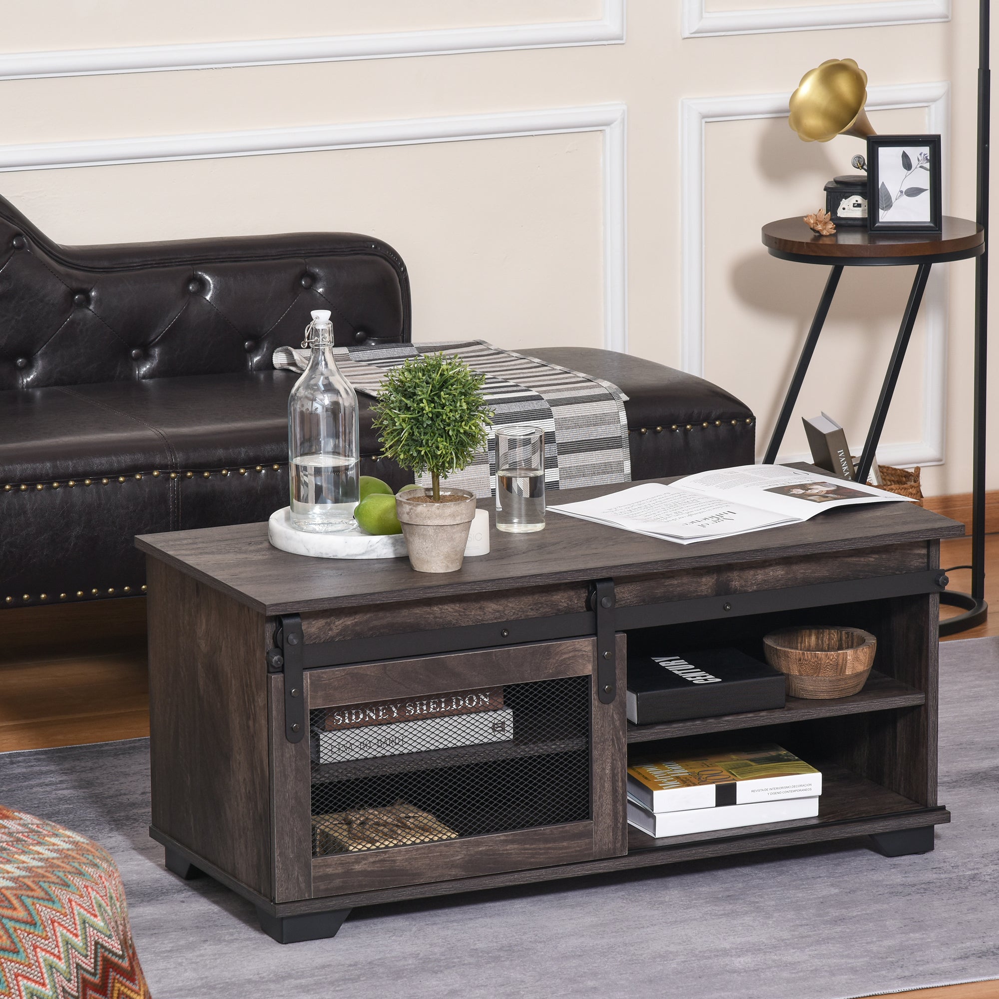 HOMCOM Farmhouse Coffee Table with Storage, Center Table with Mesh Barn Door and Adjustable Shelf, Living Room Table, Dark Brown