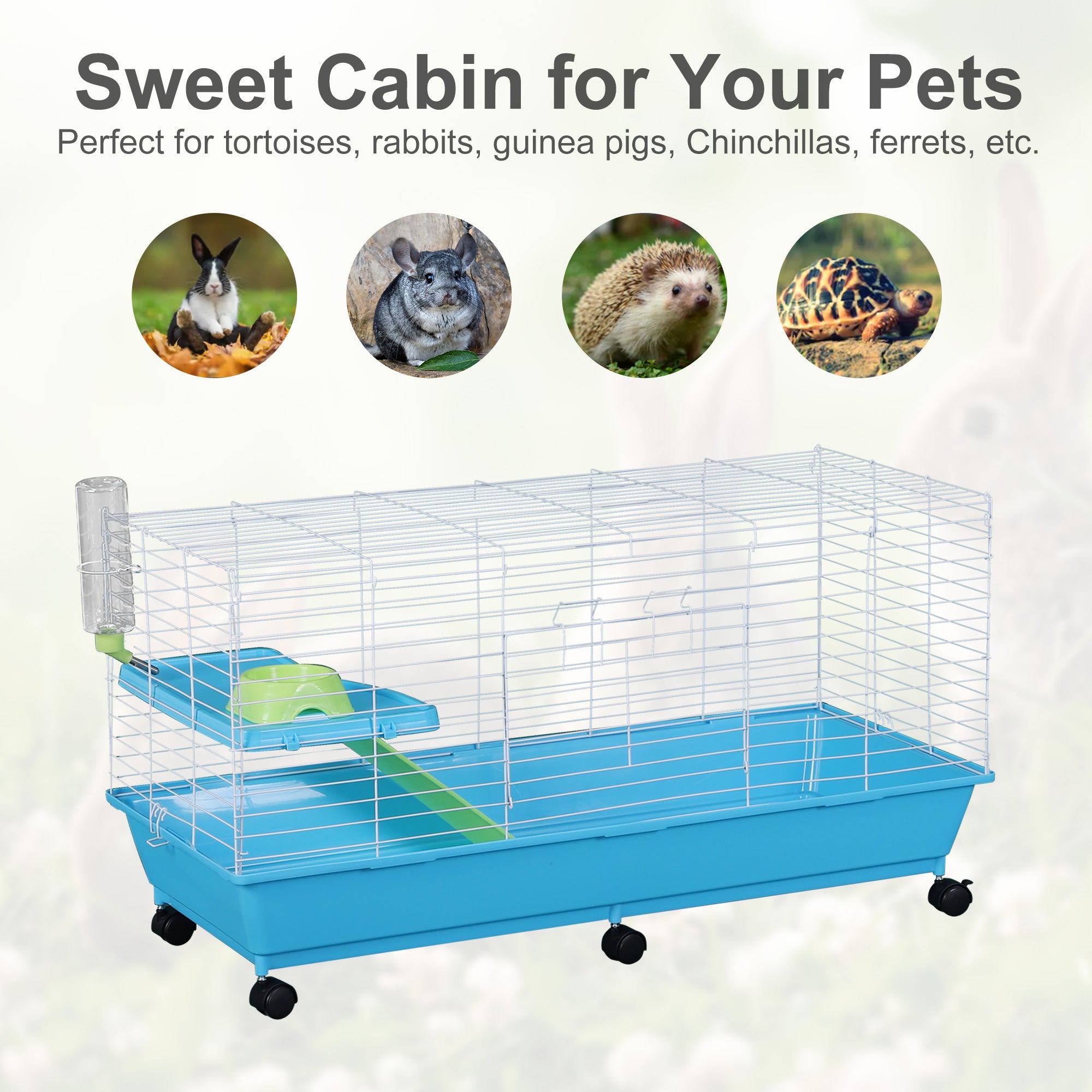 PawHut 40” Steel Plastic Small Animal Pet Cage Kit with Wheels - Blue and White