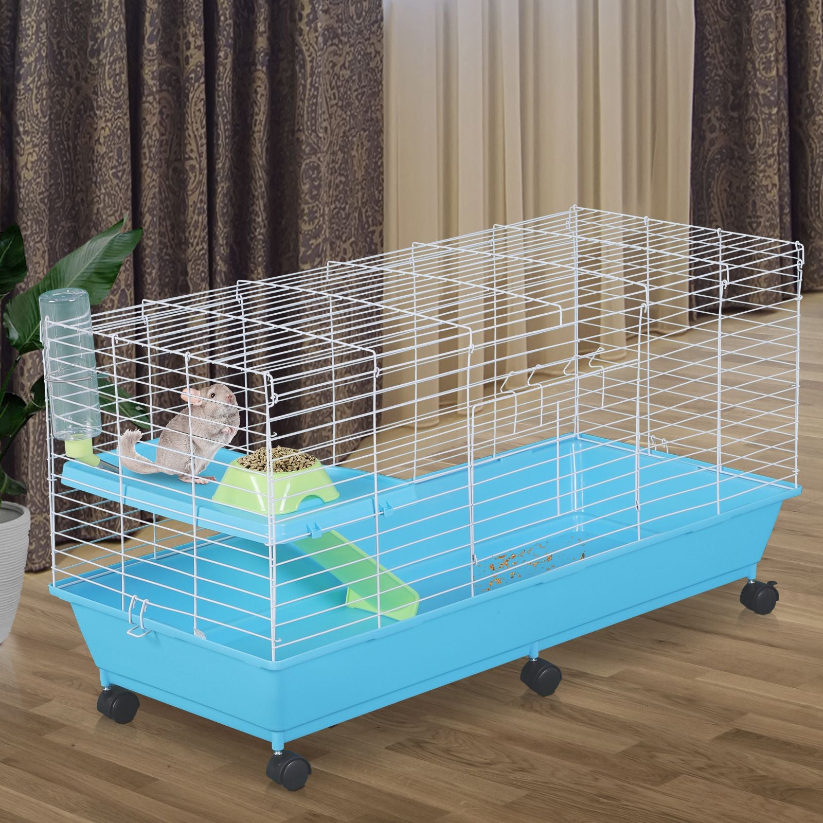 PawHut 40” Steel Plastic Small Animal Pet Cage Kit with Wheels - Blue and White