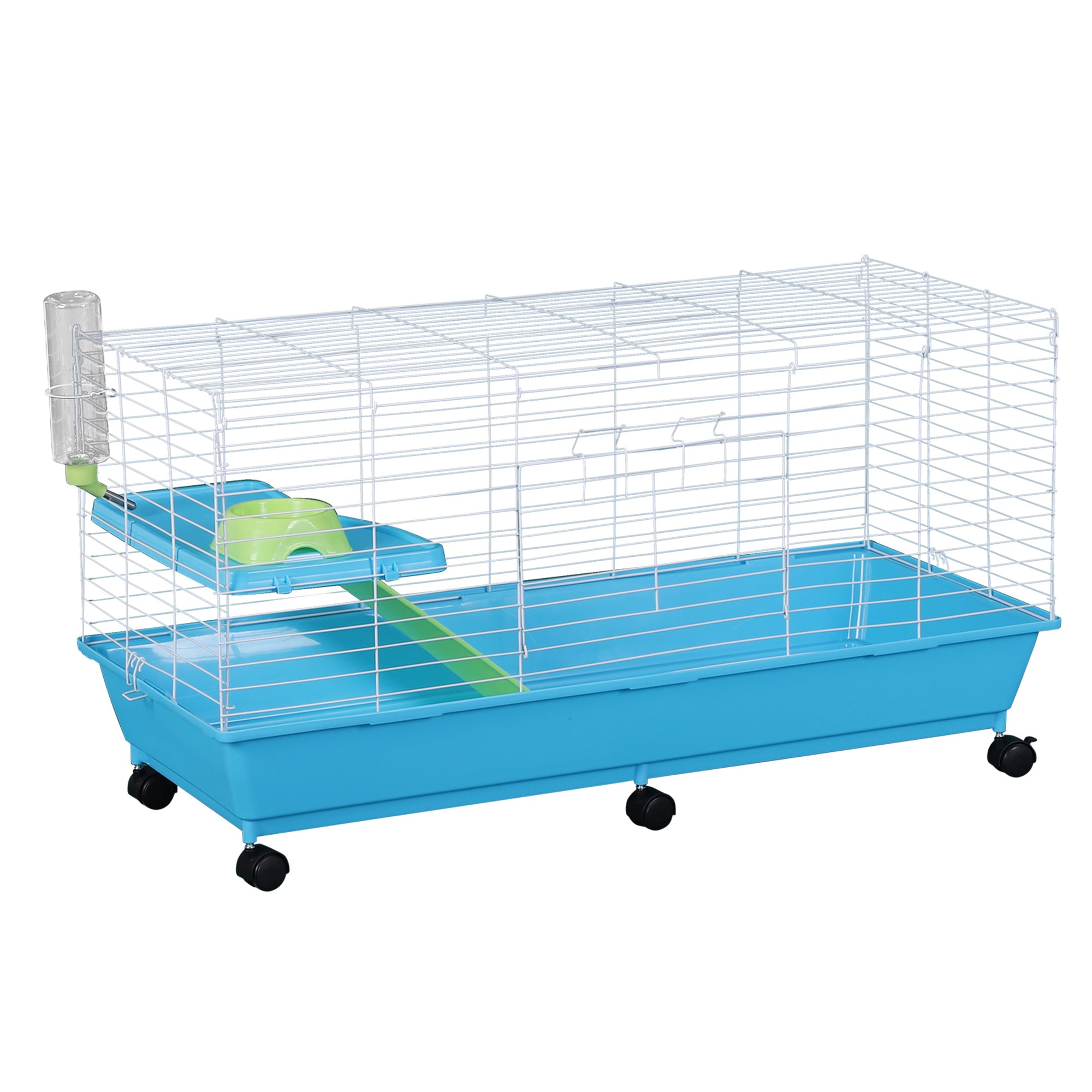 PawHut Small Animal Cage Pet Rabbit Guinea Pig Home Habitat Hutch Play House Rolling with 6 universal wheels, water bottle, ramp, food dish,  White/Blue