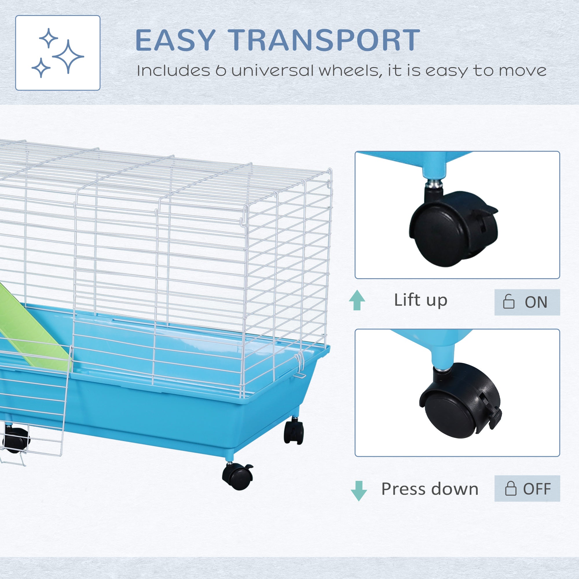 PawHut Small Animal Cage Pet Rabbit Guinea Pig Home Habitat Hutch Play House Rolling with 6 universal wheels, water bottle, ramp, food dish,  White/Blue