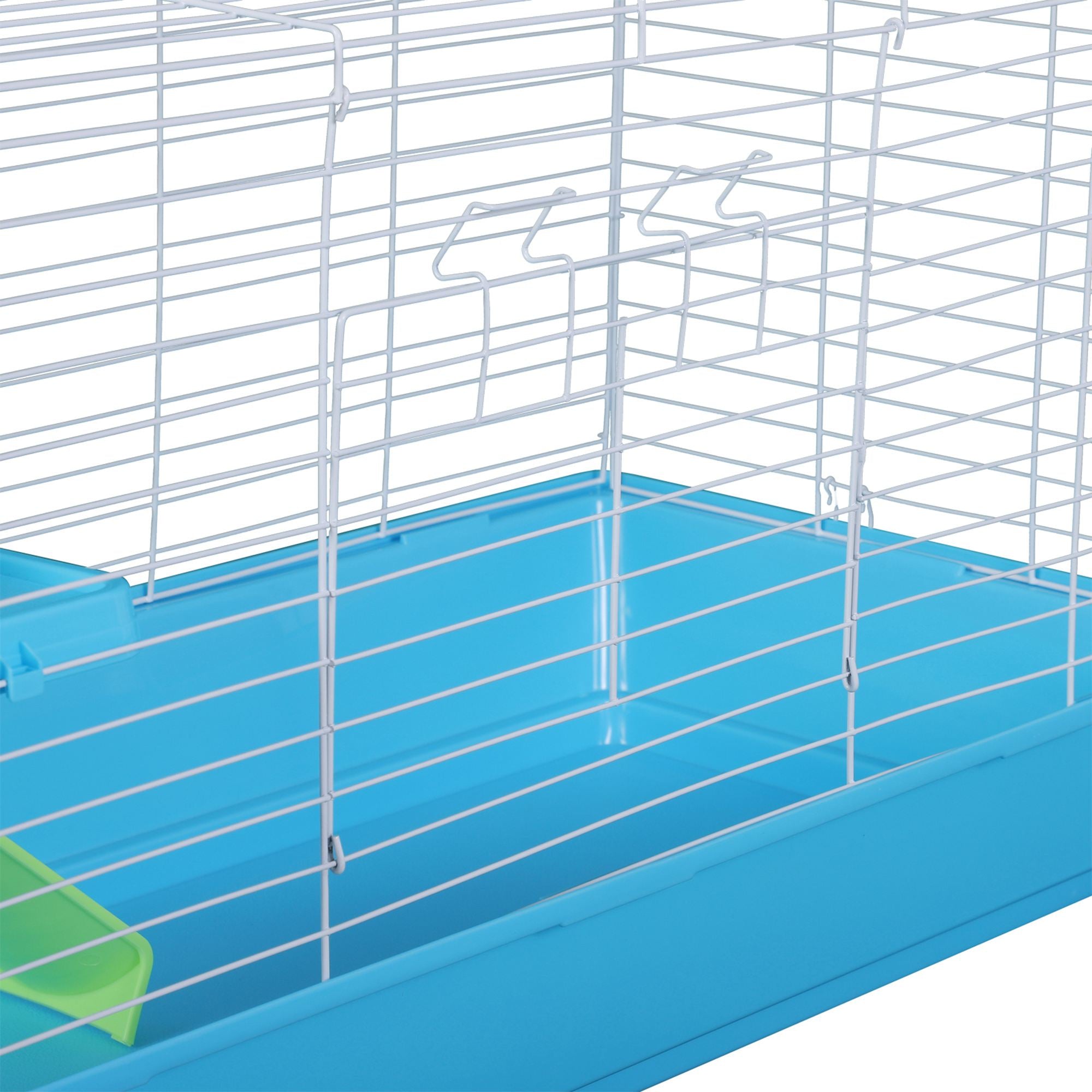 PawHut Small Animal Cage Pet Rabbit Guinea Pig Home Habitat Hutch Play House Rolling with 6 universal wheels, water bottle, ramp, food dish,  White/Blue