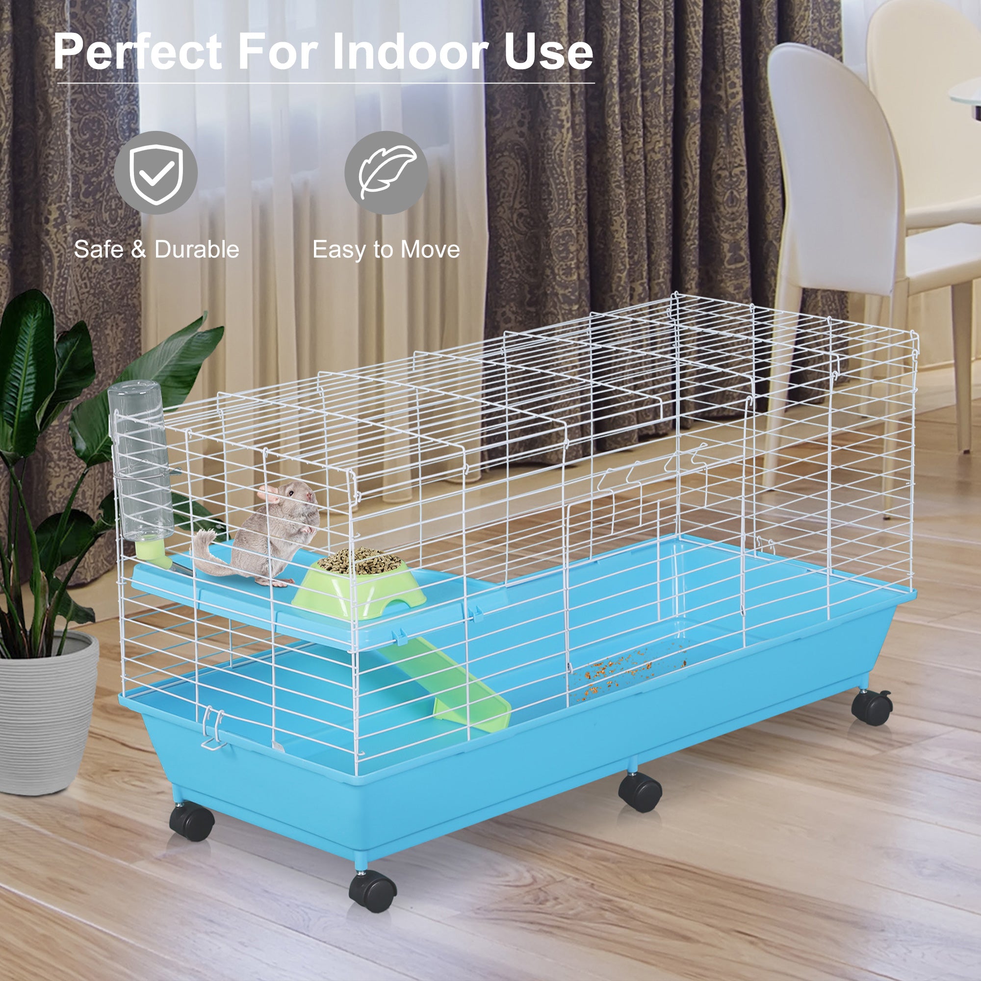 PawHut 40” Steel Plastic Small Animal Pet Cage Kit with Wheels - Blue and White