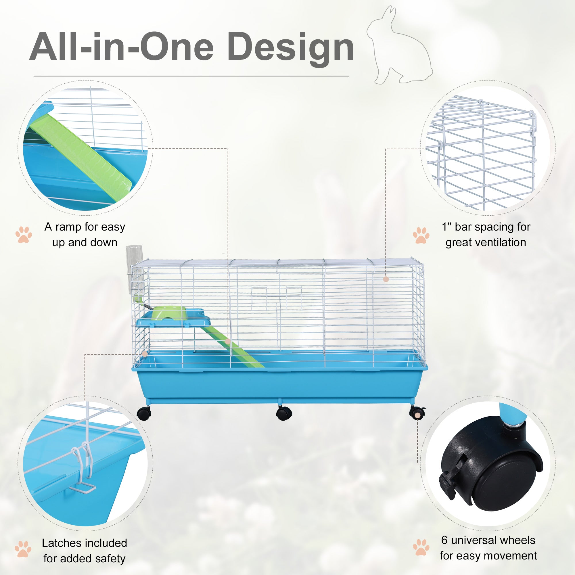 PawHut 40” Steel Plastic Small Animal Pet Cage Kit with Wheels - Blue and White