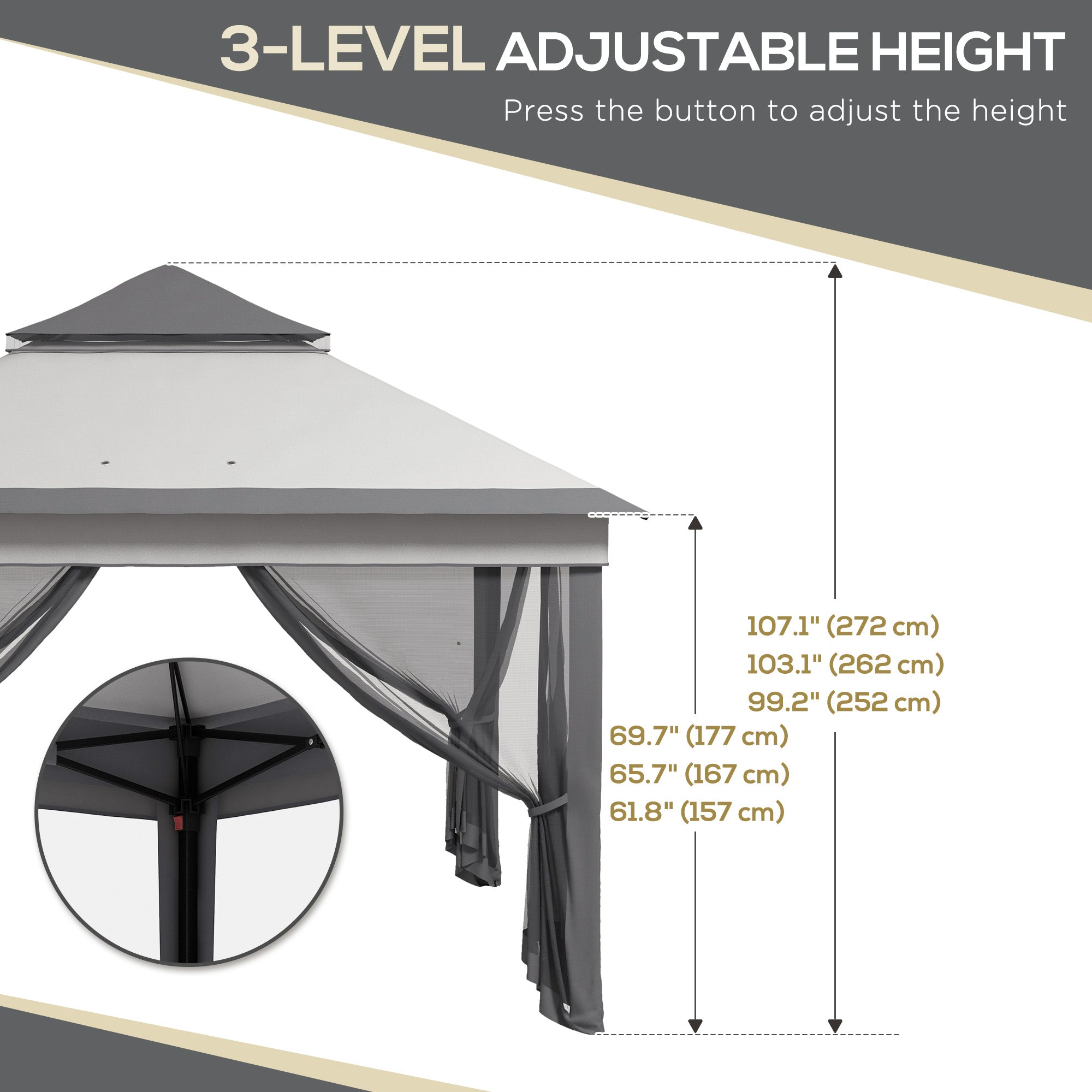 Outsunny 10.7 x 10.7ft Pop Up Camping Gazebo, Height Adjustable Instant Sun Shelter with UV30+ Roof Cover, Removable Mesh Curtains and Carrying Bag for Patio, Backyard, Light Grey