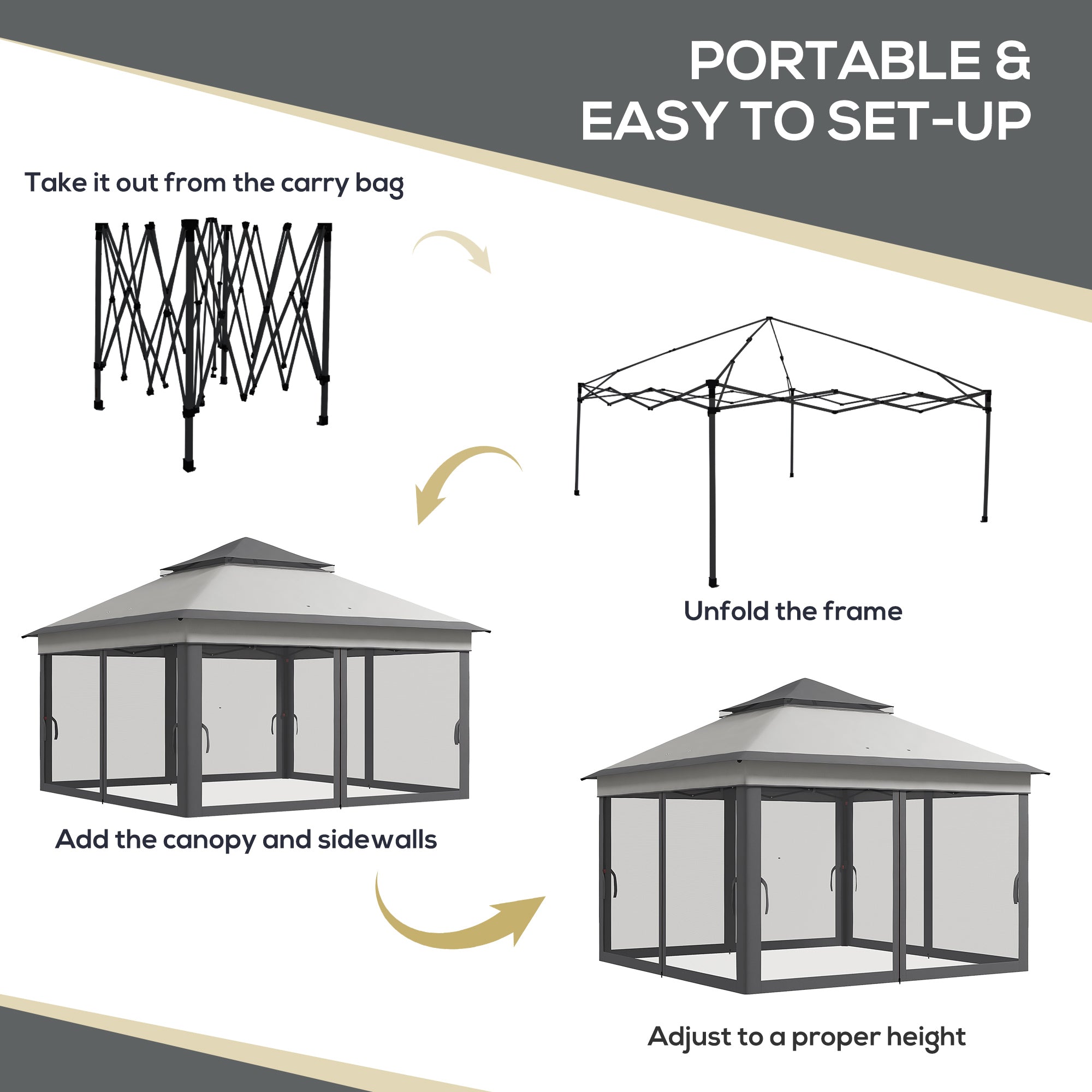 Outsunny 10.7 x 10.7ft Pop Up Camping Gazebo, Height Adjustable Instant Sun Shelter with UV30+ Roof Cover, Removable Mesh Curtains and Carrying Bag for Patio, Backyard, Light Grey