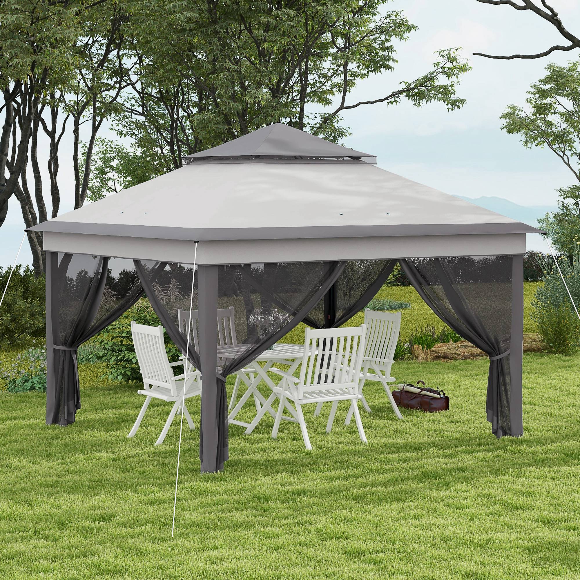 Outsunny 10.7 x 10.7ft Pop Up Camping Gazebo, Height Adjustable Instant Sun Shelter with UV30+ Roof Cover, Removable Mesh Curtains and Carrying Bag for Patio, Backyard, Light Grey