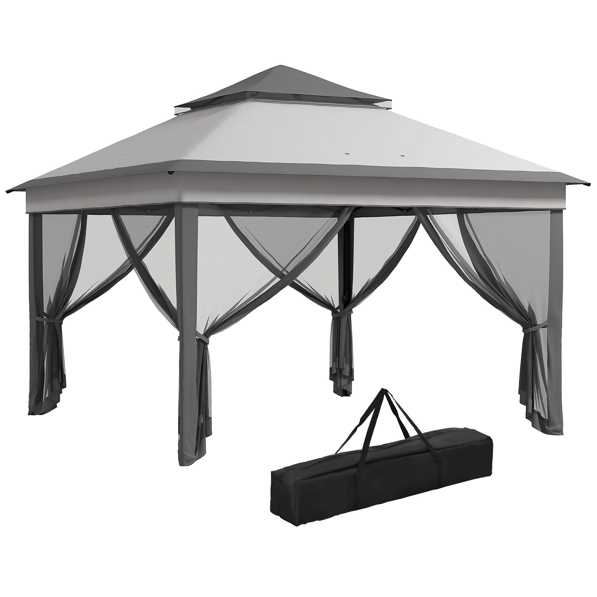 Outsunny 10.7 x 10.7ft Pop Up Camping Gazebo, Height Adjustable Instant Sun Shelter with UV30+ Roof Cover, Removable Mesh Curtains and Carrying Bag for Patio, Backyard, Light Grey