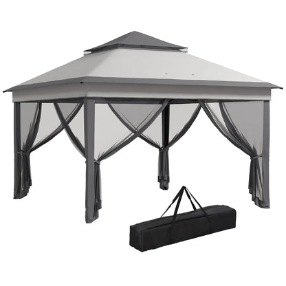 Outsunny 10.7 x 10.7ft Pop Up Camping Gazebo, Height Adjustable Instant Sun Shelter with UV30+ Roof Cover, Removable Mesh Curtains and Carrying Bag for Patio, Backyard, Light Grey