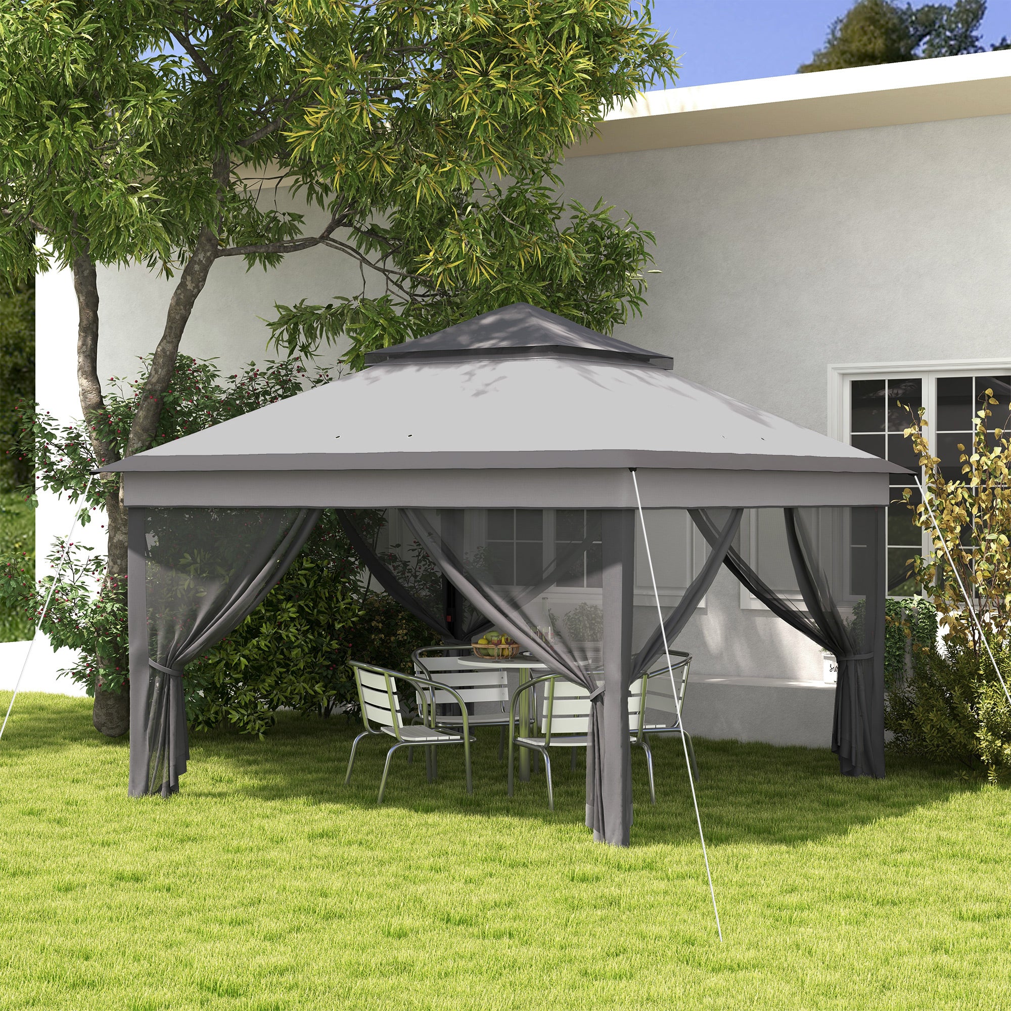 Outsunny 10.7 x 10.7ft Pop Up Camping Gazebo, Height Adjustable Instant Sun Shelter with UV30+ Roof Cover, Removable Mesh Curtains and Carrying Bag for Patio, Backyard, Light Grey
